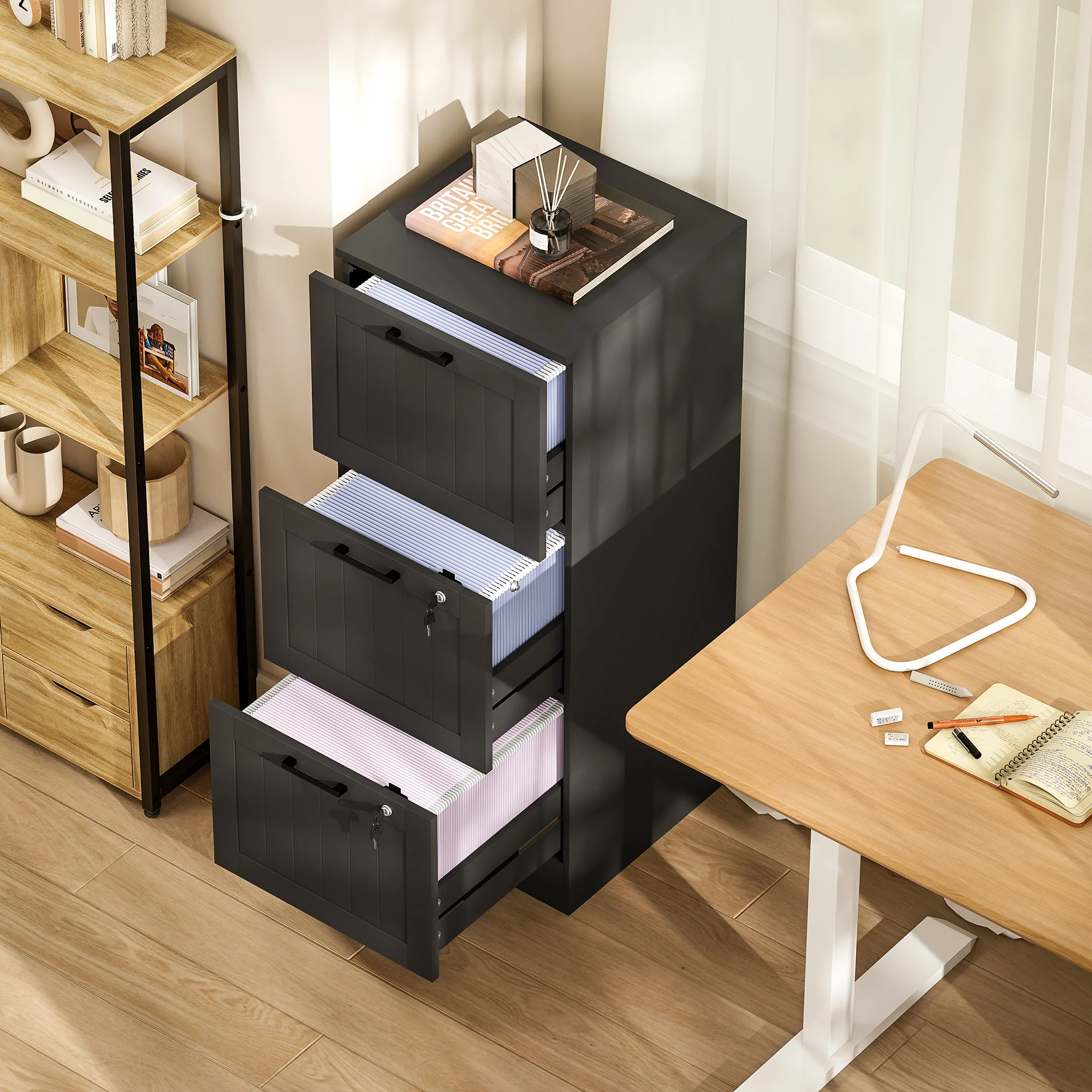 HOMCOM 3 Drawer File Cabinet with Lock and Adjustable Hanging Bars, Black - Image 8