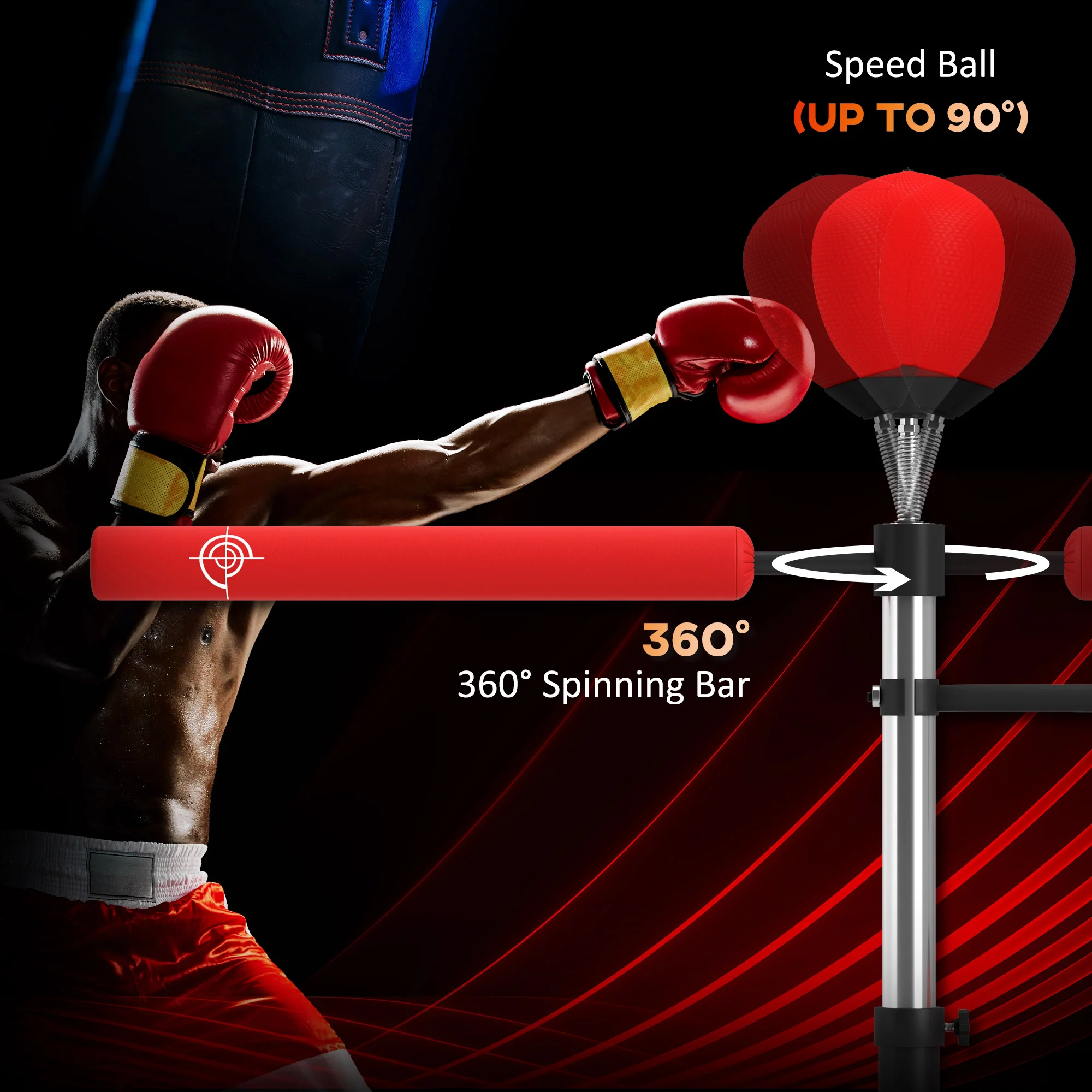 HOMCOM 3-in-1 Punching Bag with 2 Speedballs, 360° Reflex Bar, Red - Image 3