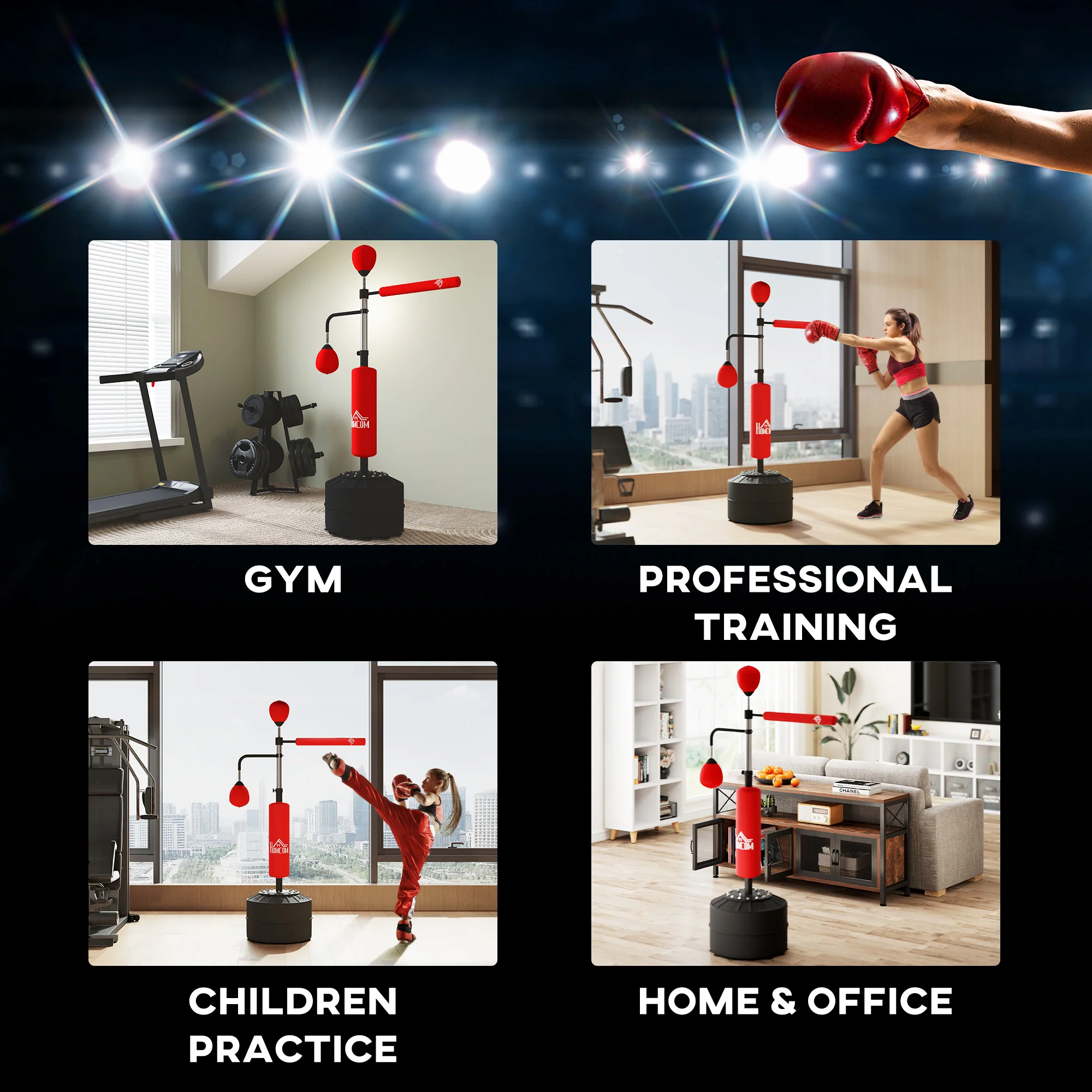 HOMCOM 3-in-1 Punching Bag with 2 Speedballs, 360° Reflex Bar, Red - Image 7