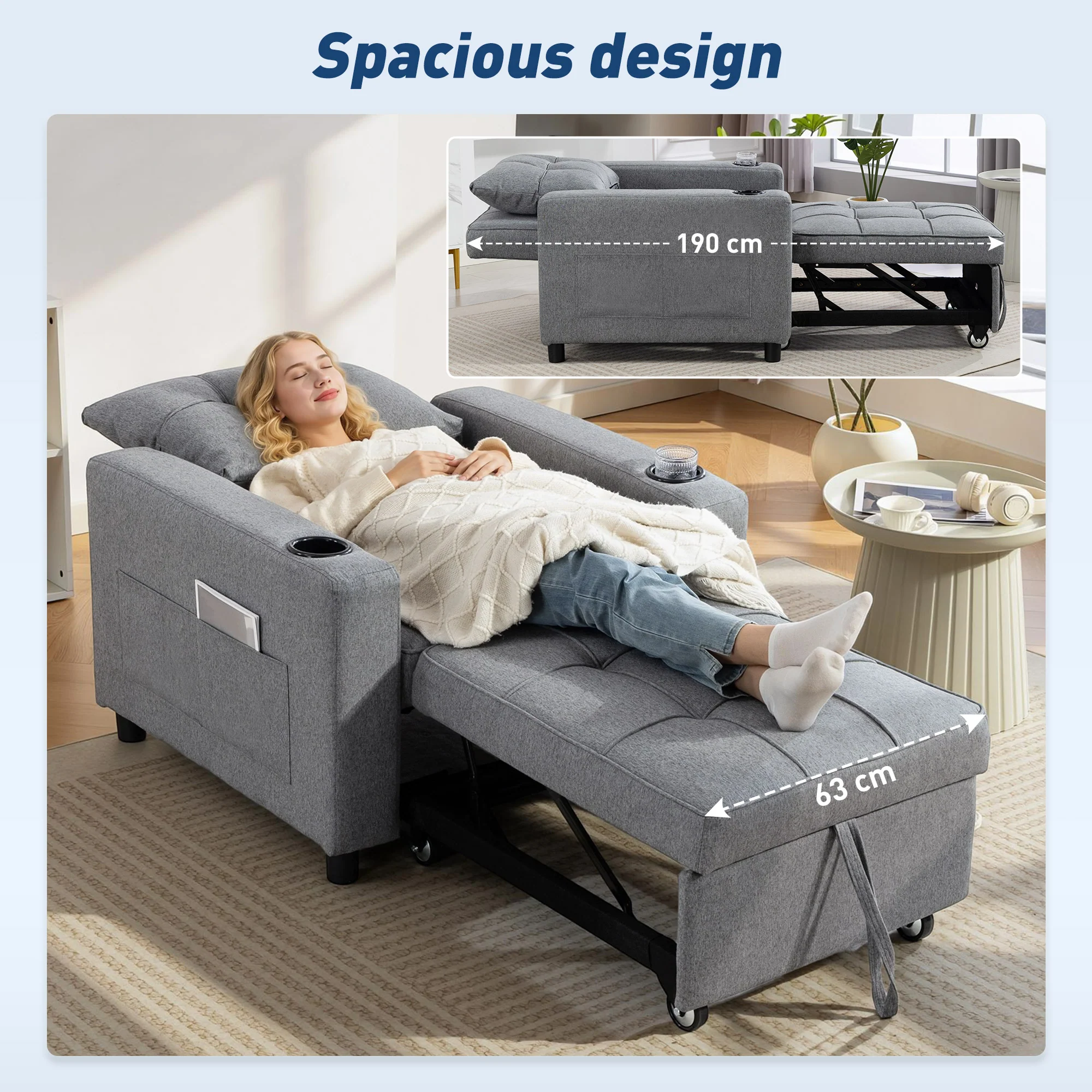 HOMCOM 3-in-1 Sofa Bed, Convertible Sleeper Chair With Adjustable Backrest - Image 6