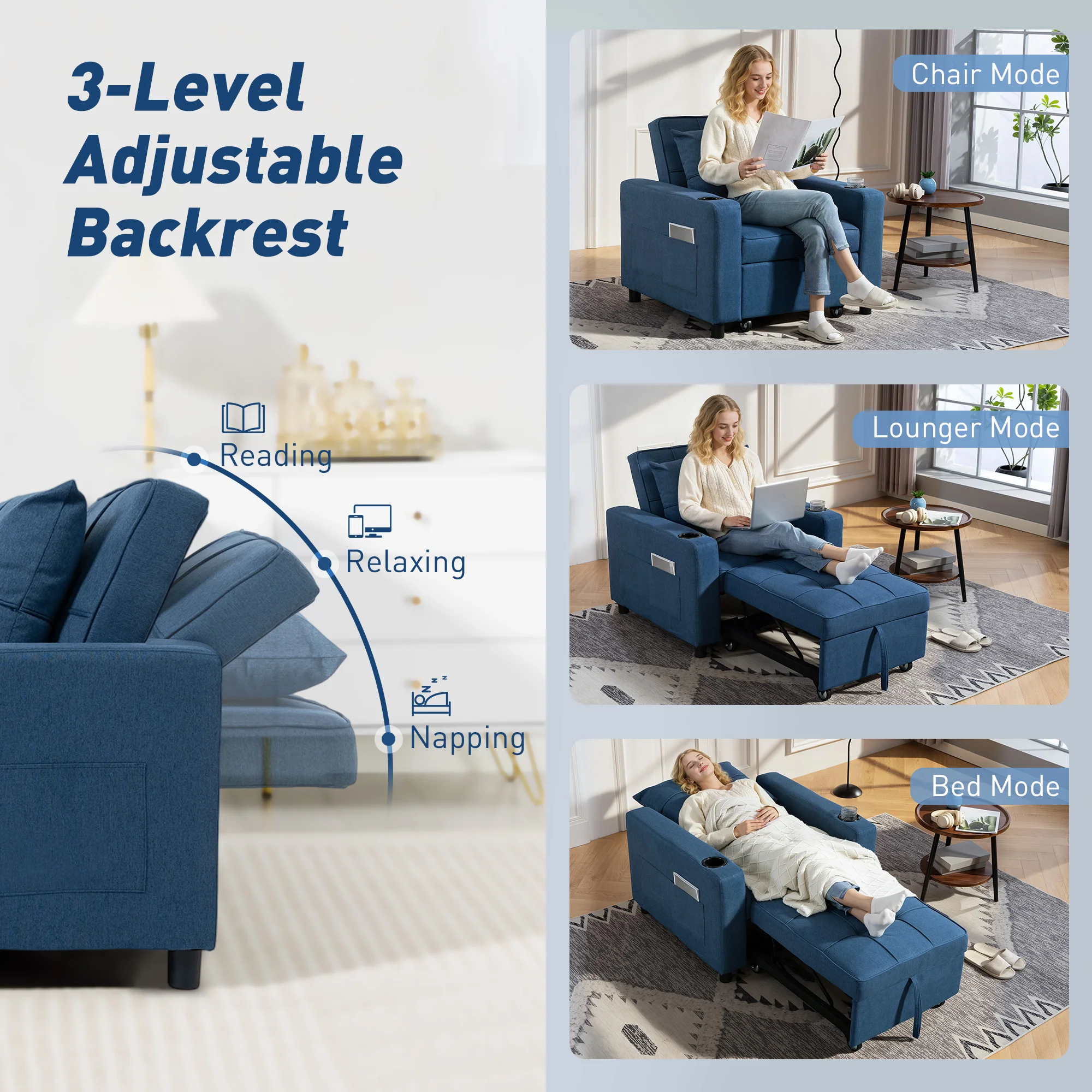 HOMCOM 3-in-1 Sofa Bed, Convertible Sleeper Chair With Adjustable Backrest - Image 4