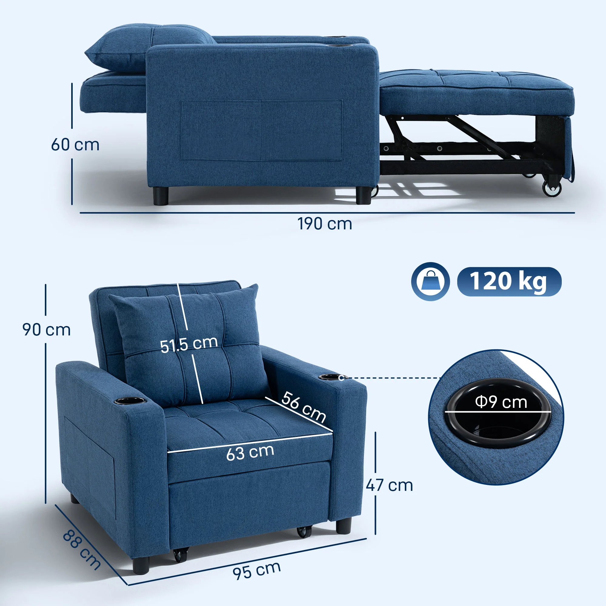 HOMCOM 3-in-1 Sofa Bed, Convertible Sleeper Chair With Adjustable Backrest - Image 5