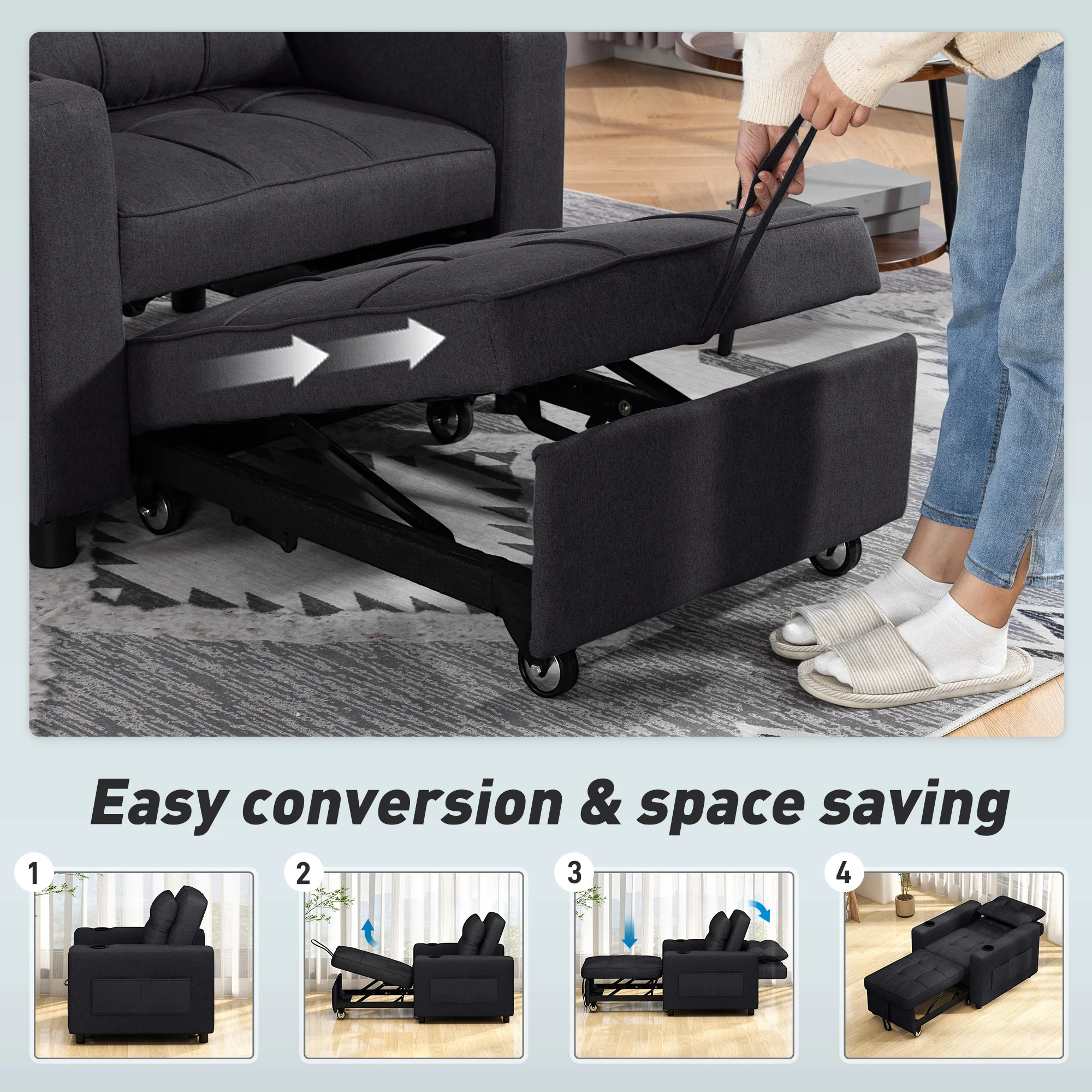 HOMCOM 3-in-1 Sofa Bed, Convertible Sleeper Chair With Adjustable Backrest - Image 3