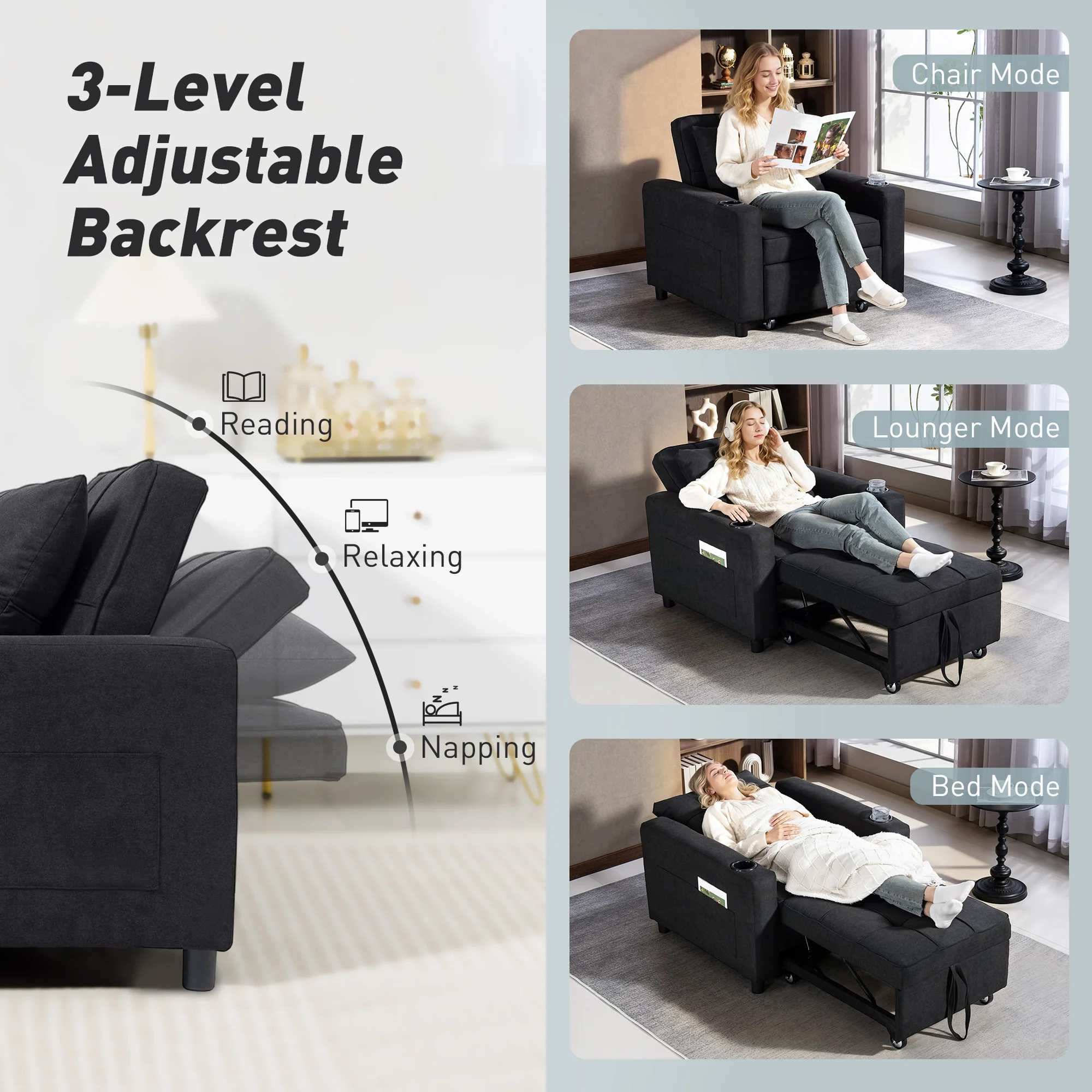 HOMCOM 3-in-1 Sofa Bed, Convertible Sleeper Chair With Adjustable Backrest - Image 4