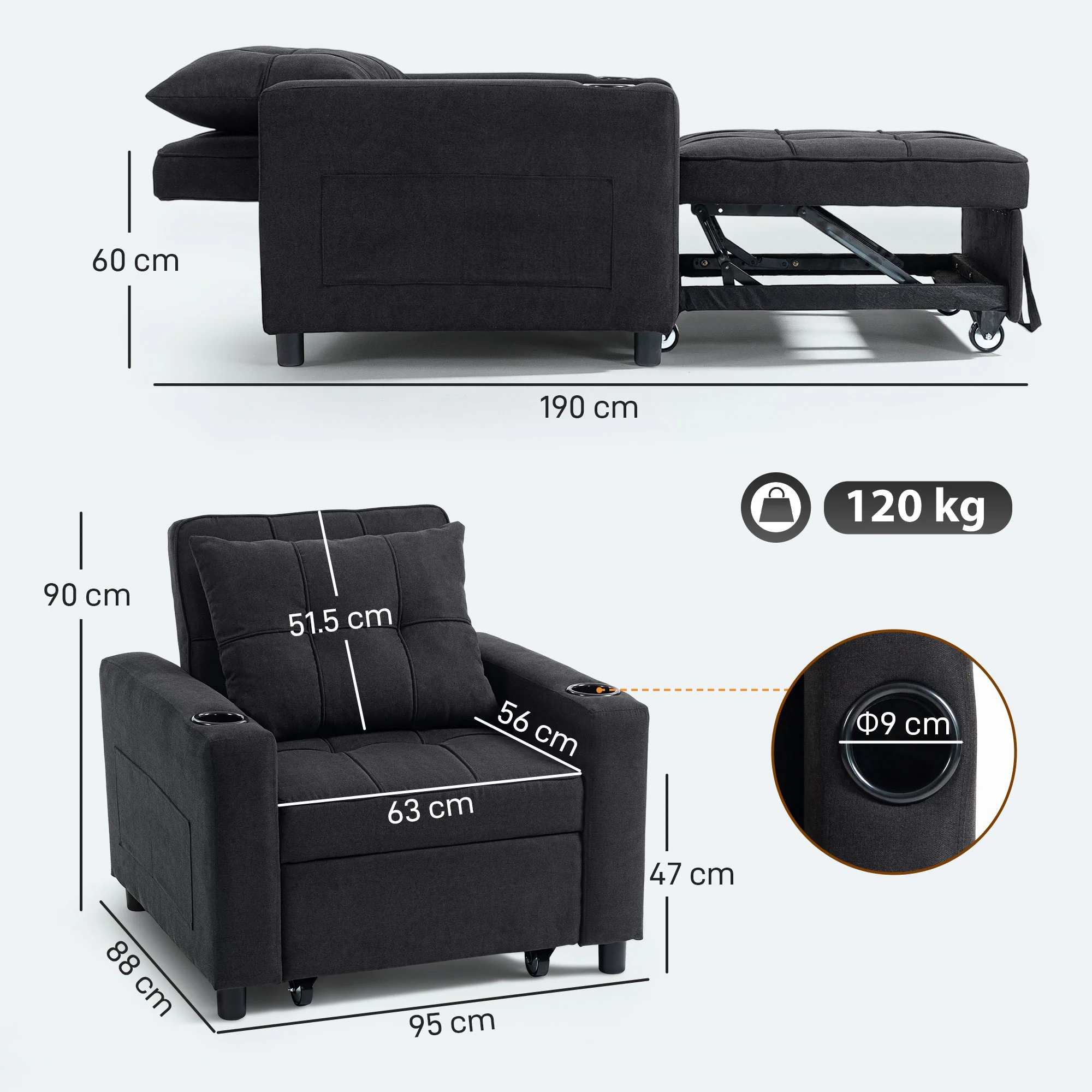 HOMCOM 3-in-1 Sofa Bed, Convertible Sleeper Chair With Adjustable Backrest - Image 5