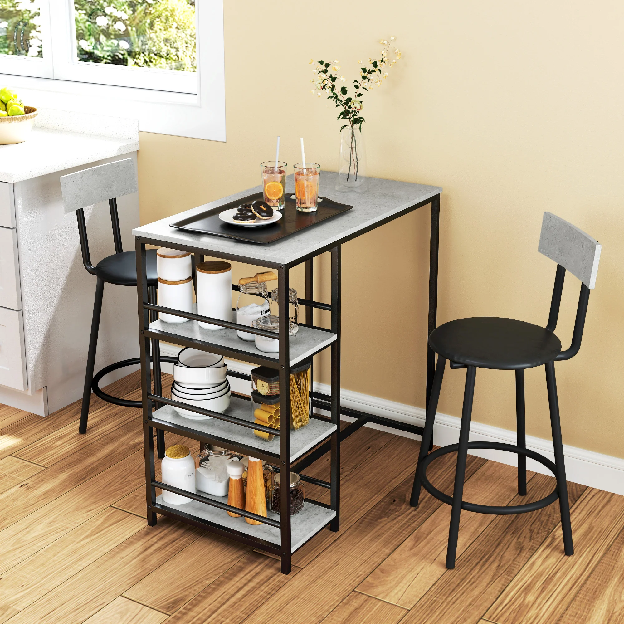 HOMCOM 3 Piece Breakfast Bar Table Set with Storage Shelves, Light Grey - Image 2