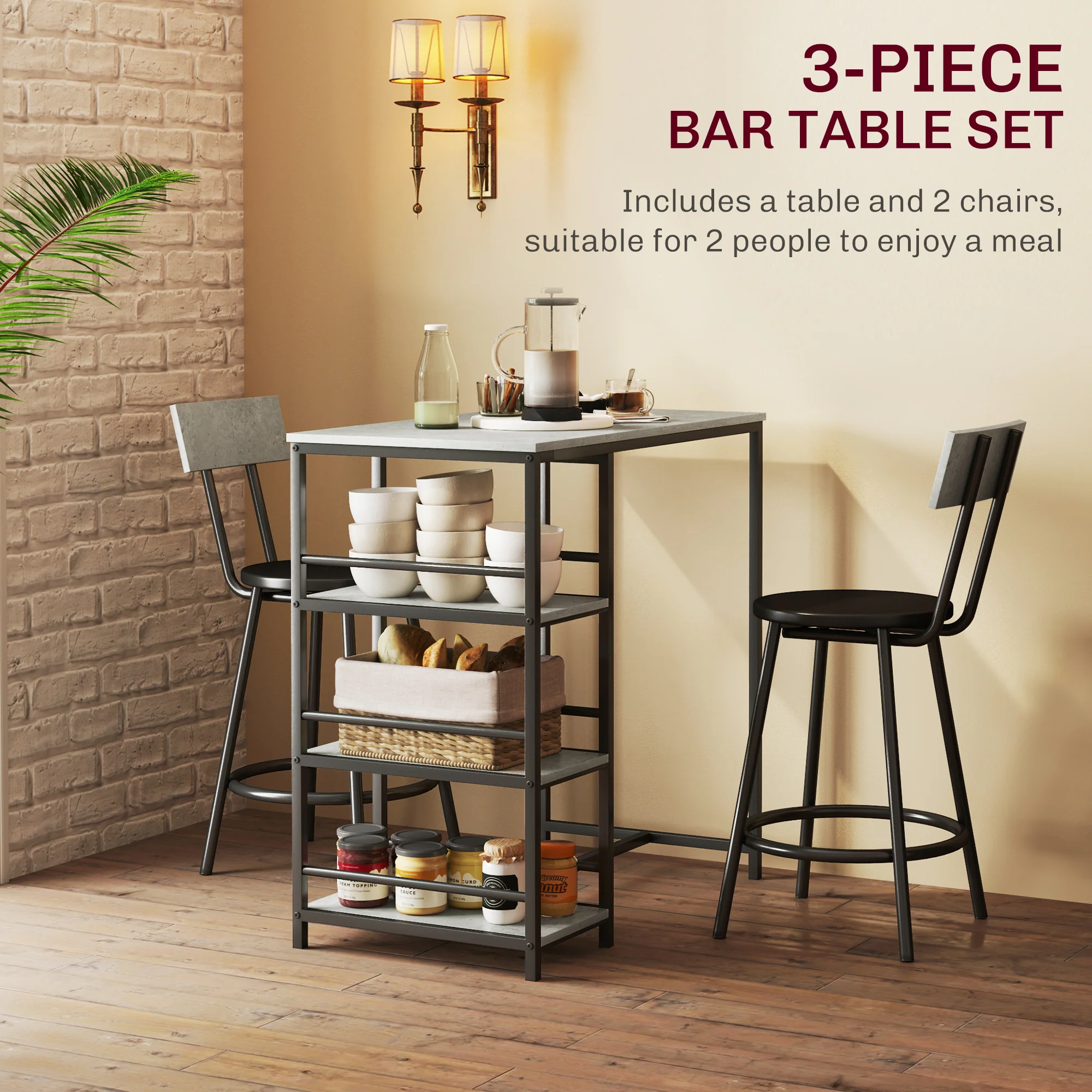 HOMCOM 3 Piece Breakfast Bar Table Set with Storage Shelves, Light Grey - Image 3