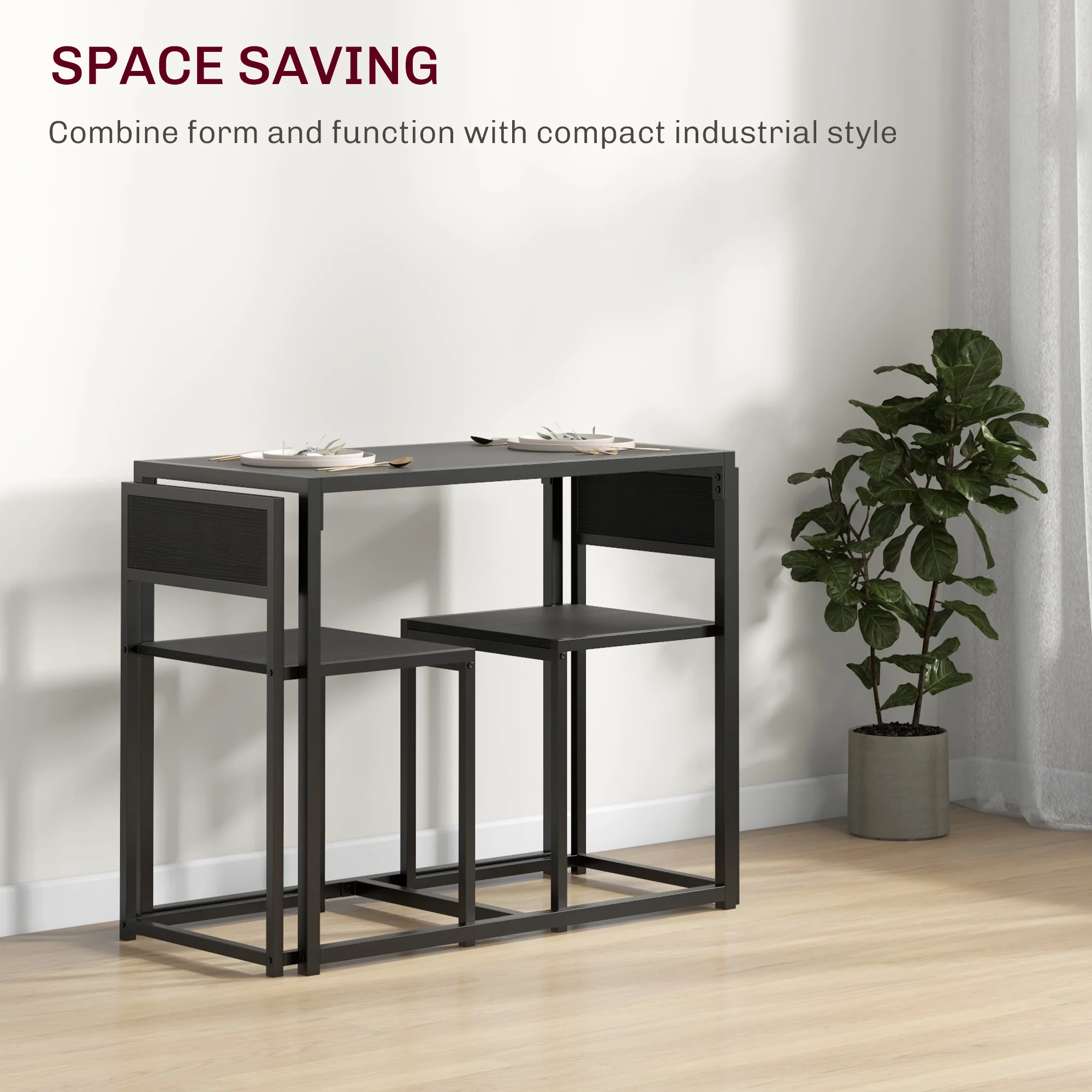 HOMCOM 3 Piece Dining Table Set With Metal Frame, Black - Image 3