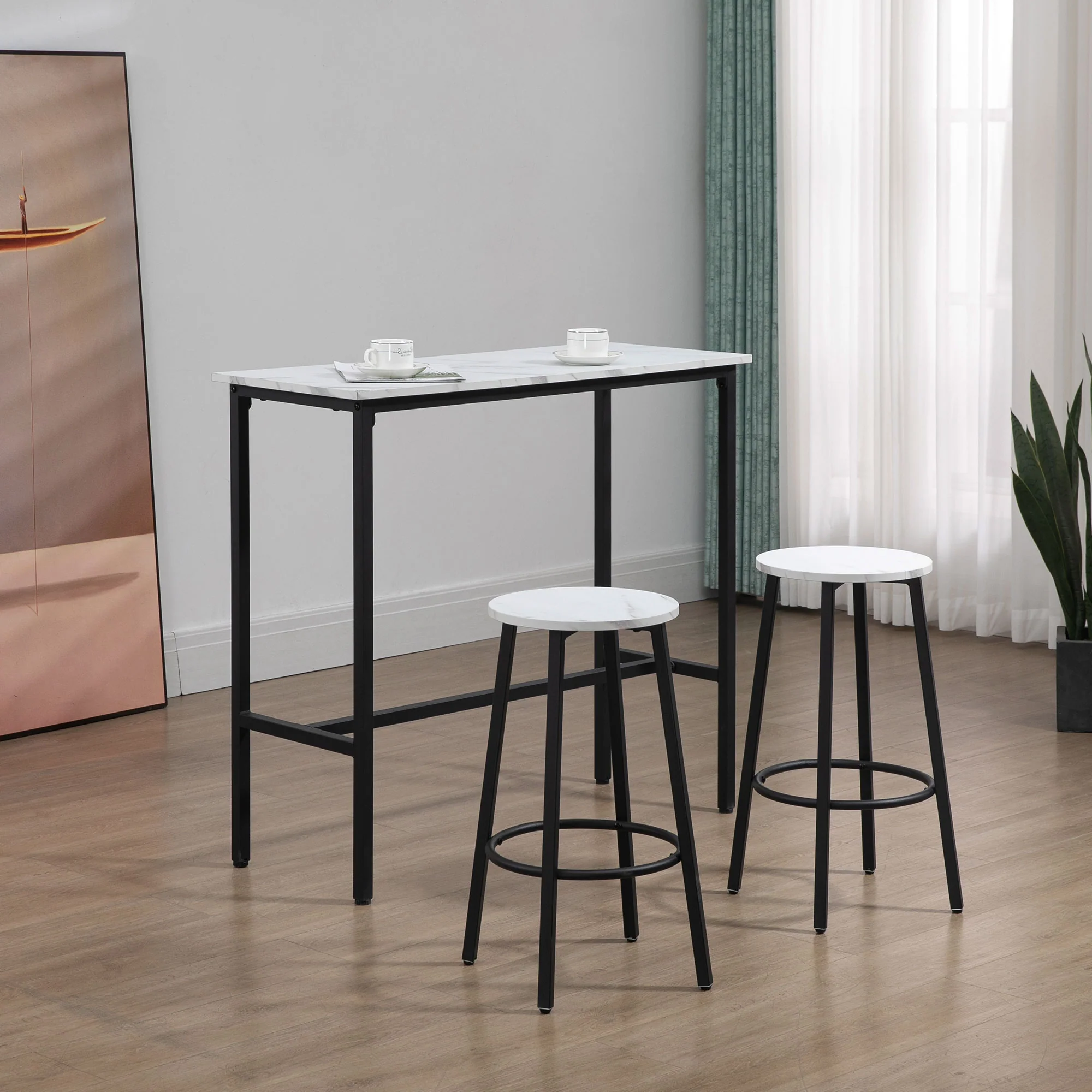 HOMCOM 3 Piece White Bar Table Set For 2 With Stools Steel Frame Footrest - Image 8