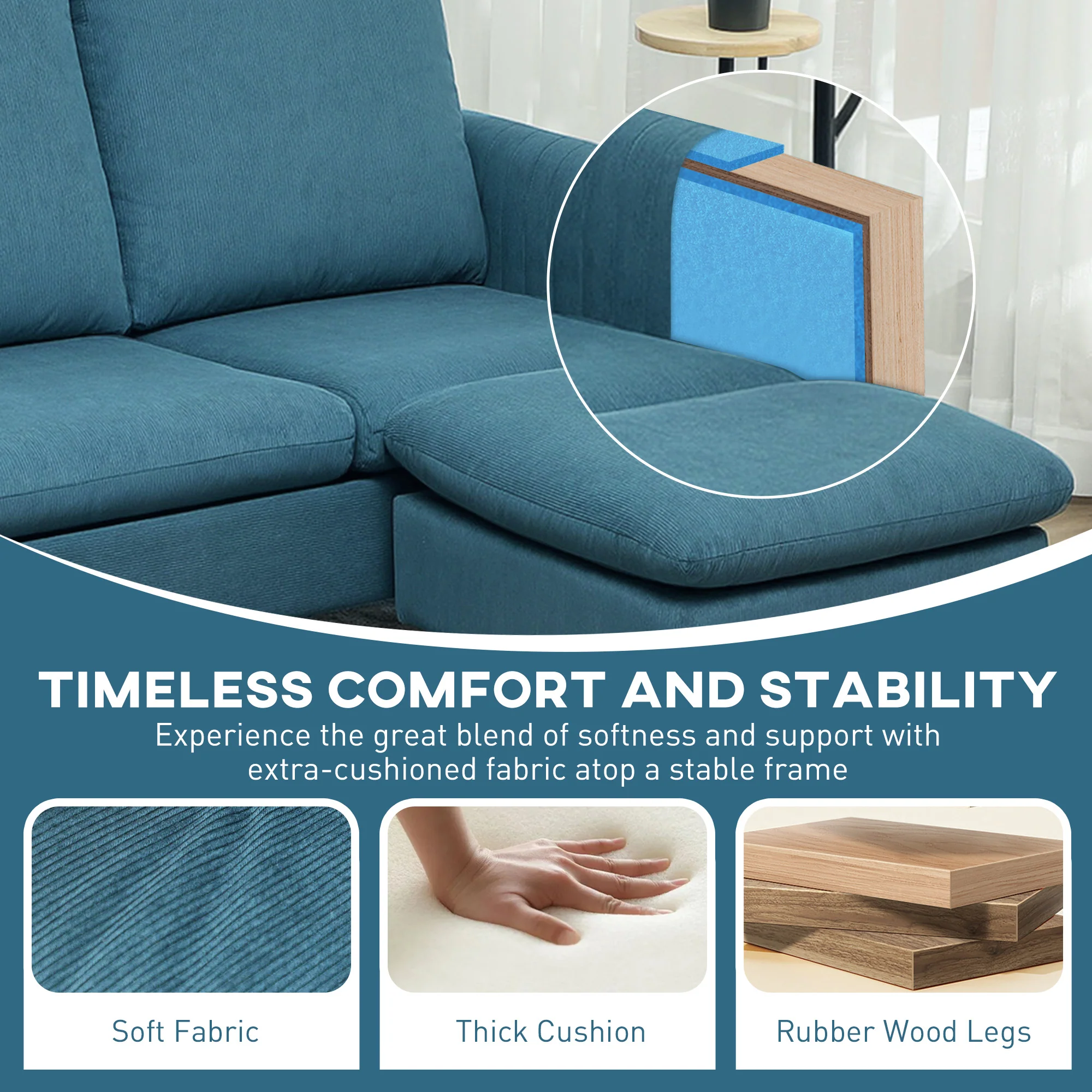 HOMCOM 3 Seater Corner Sofa Couch Settee with Chaise Lounge, Blue - Image 8
