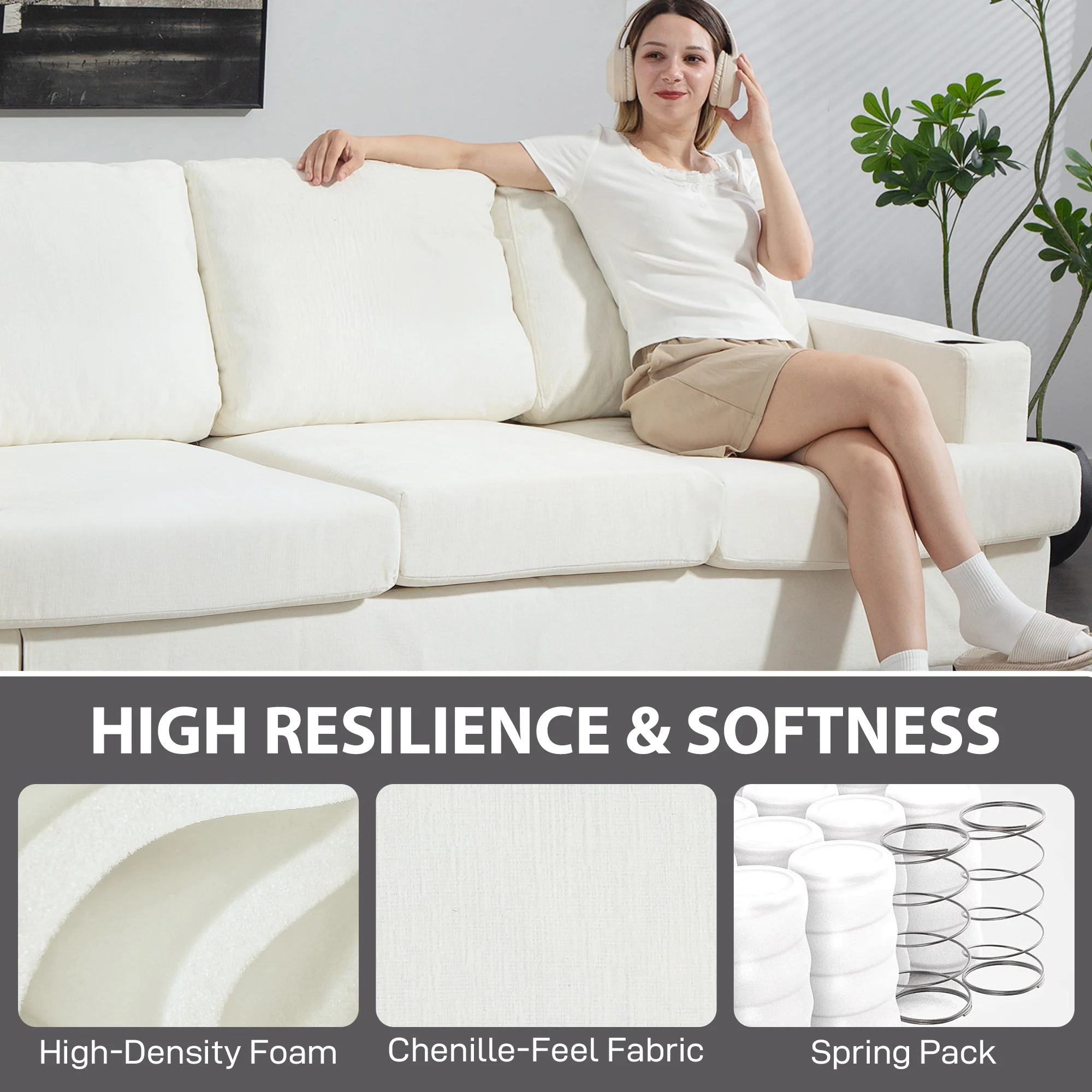 HOMCOM 3 Seater Sofa, Fabric Sofa With USB Ports And Cup Holders, - Image 6