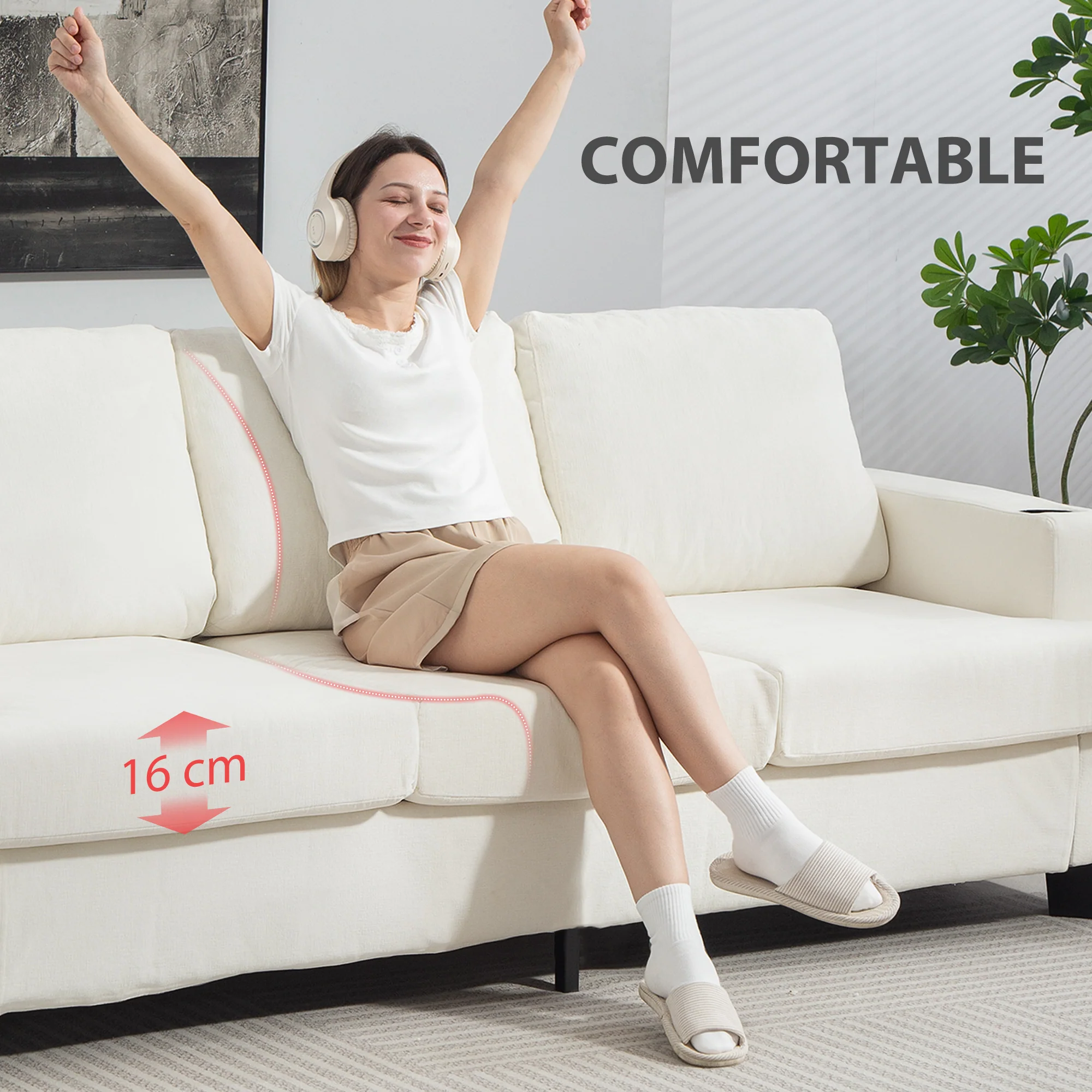 HOMCOM 3 Seater Sofa, Fabric Sofa With USB Ports And Cup Holders, - Image 7