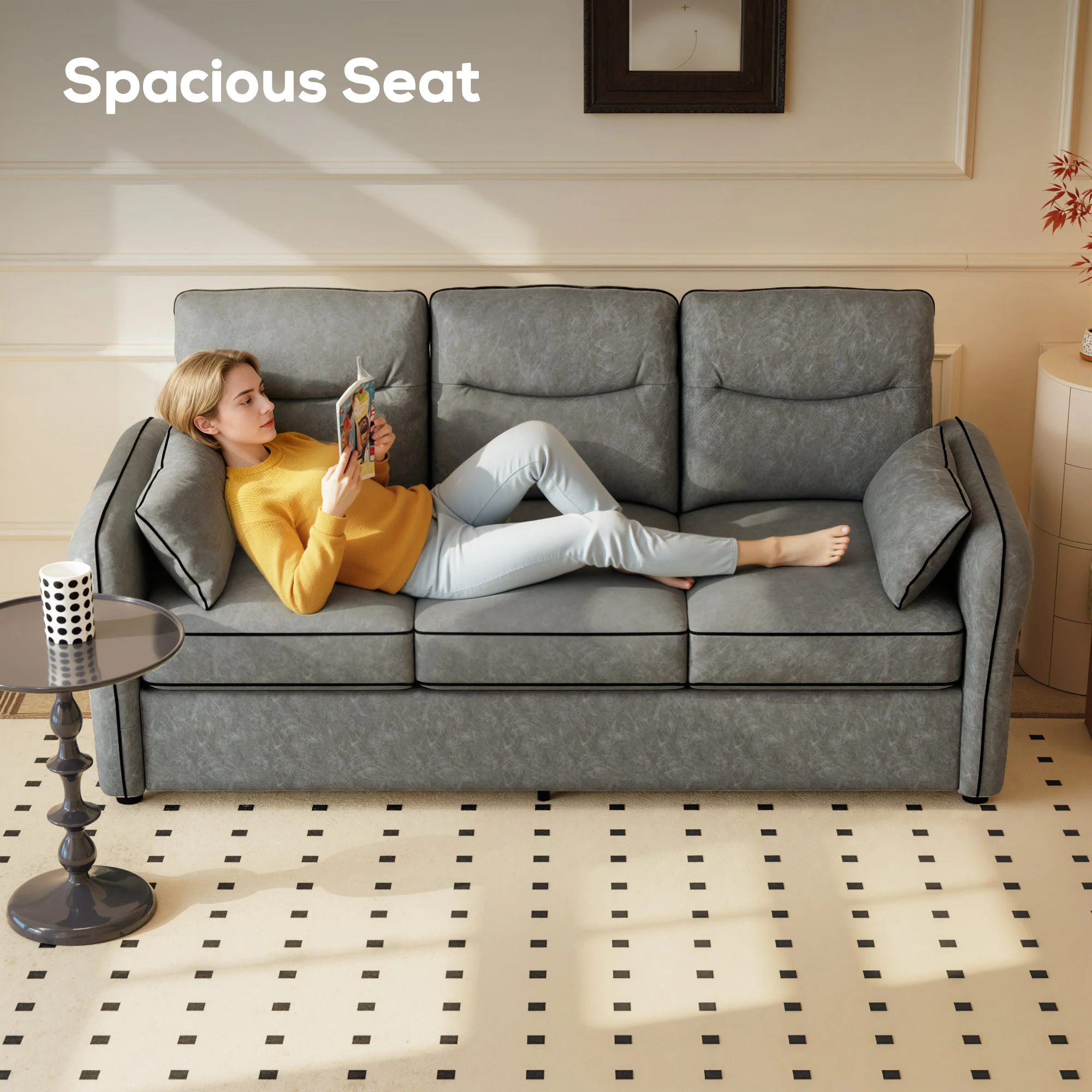 HOMCOM 3 Seater Sofa, Faux Leather Couch with Thicken Cushion, Grey - Image 4