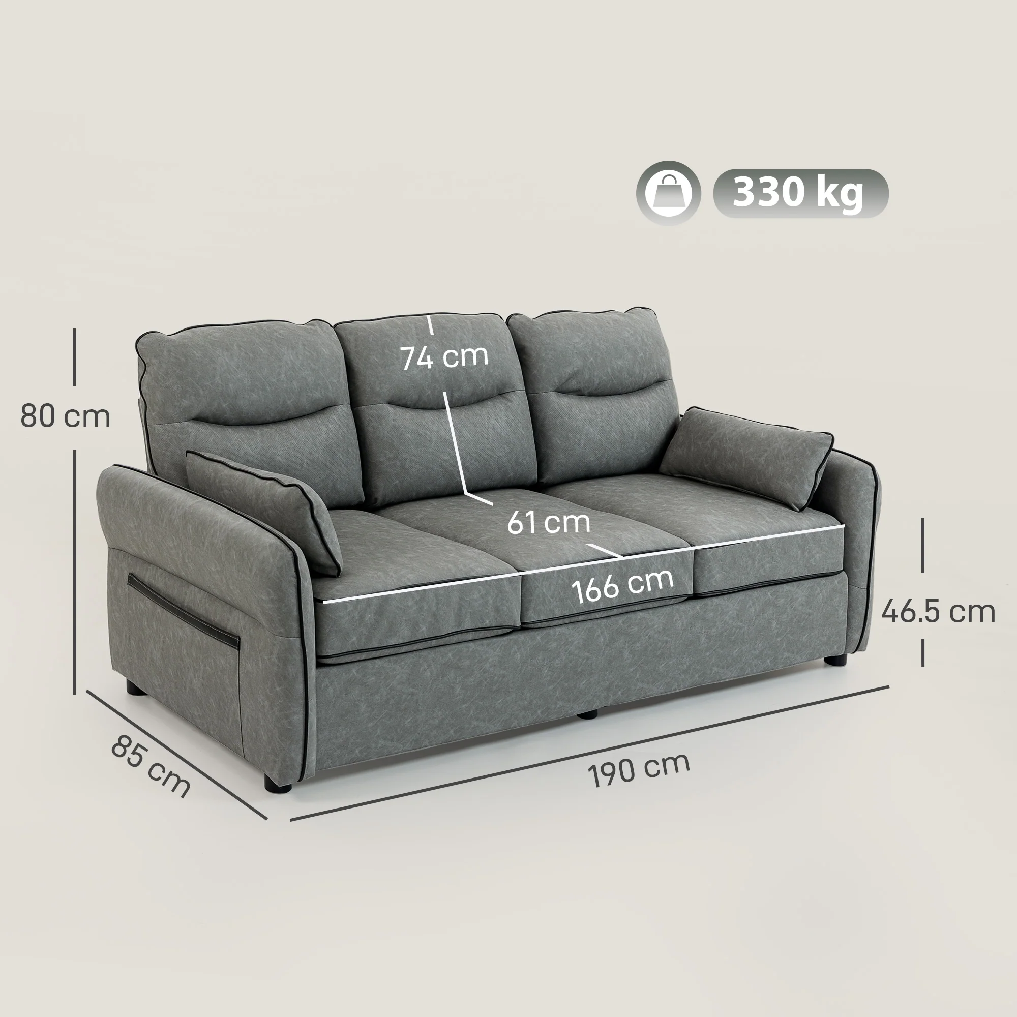 HOMCOM 3 Seater Sofa, Faux Leather Couch with Thicken Cushion, Grey - Image 5