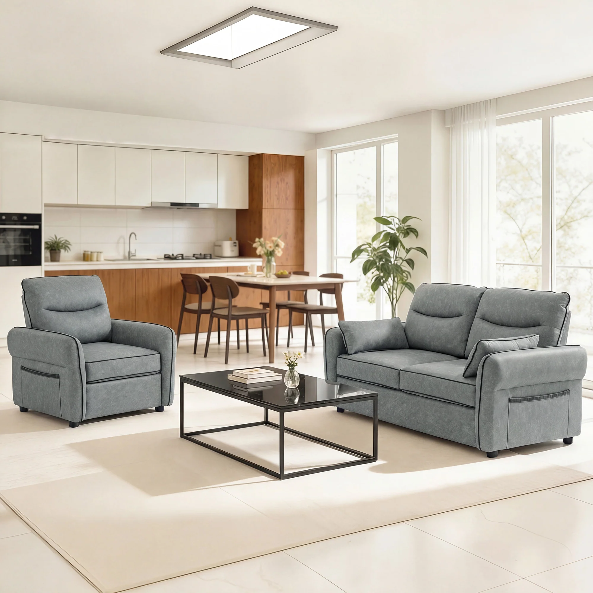 HOMCOM 3 Seater Sofa, Faux Leather Couch with Thicken Cushion, Grey - Image 6