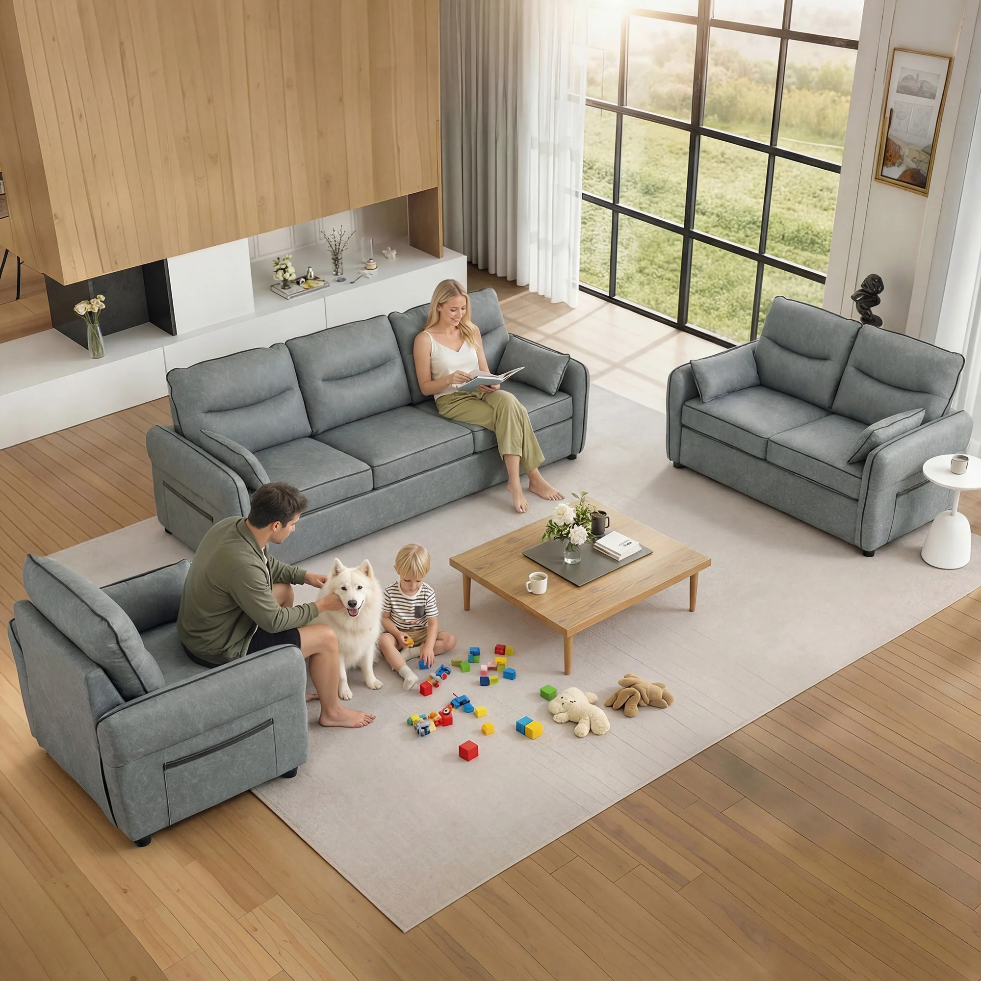 HOMCOM 3 Seater Sofa, Faux Leather Couch with Thicken Cushion, Grey - Image 9