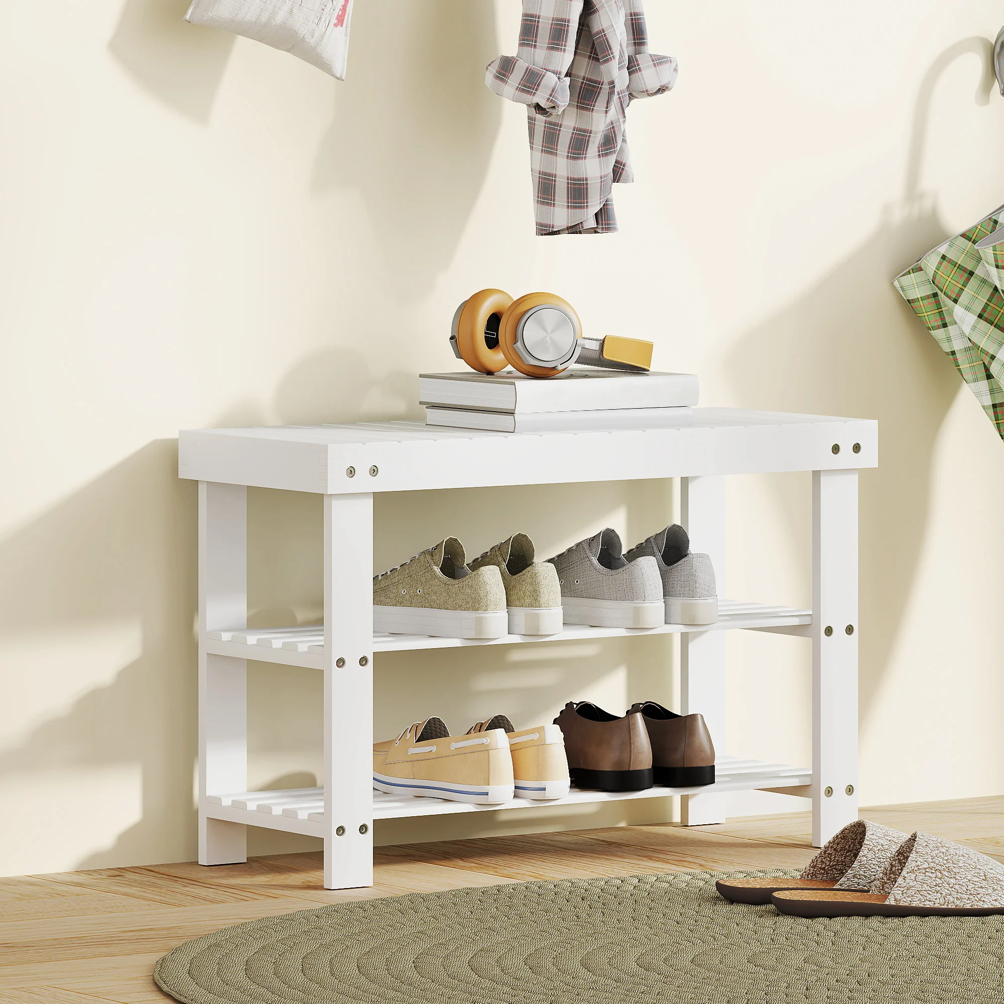 HOMCOM 3-Tier Bamboo Shoe Bench with 2 Shelves for Entryway, White - Image 2