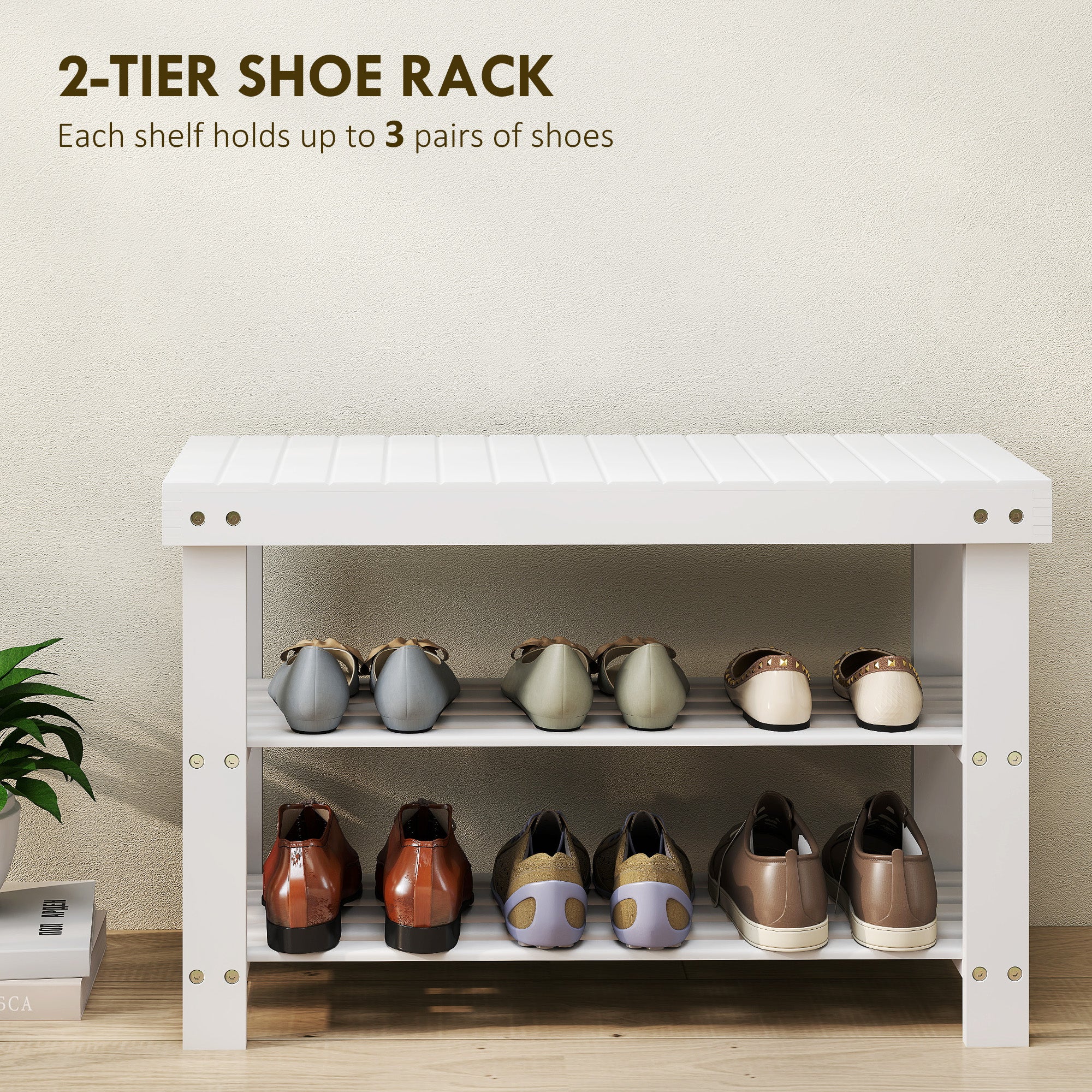 HOMCOM 3-Tier Bamboo Shoe Bench with 2 Shelves for Entryway, White - Image 3