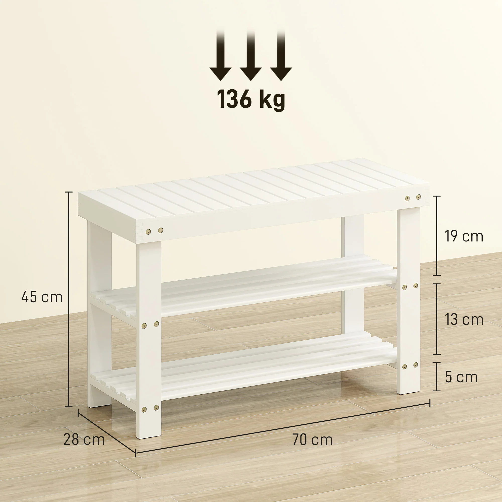 HOMCOM 3-Tier Bamboo Shoe Bench with 2 Shelves for Entryway, White - Image 5