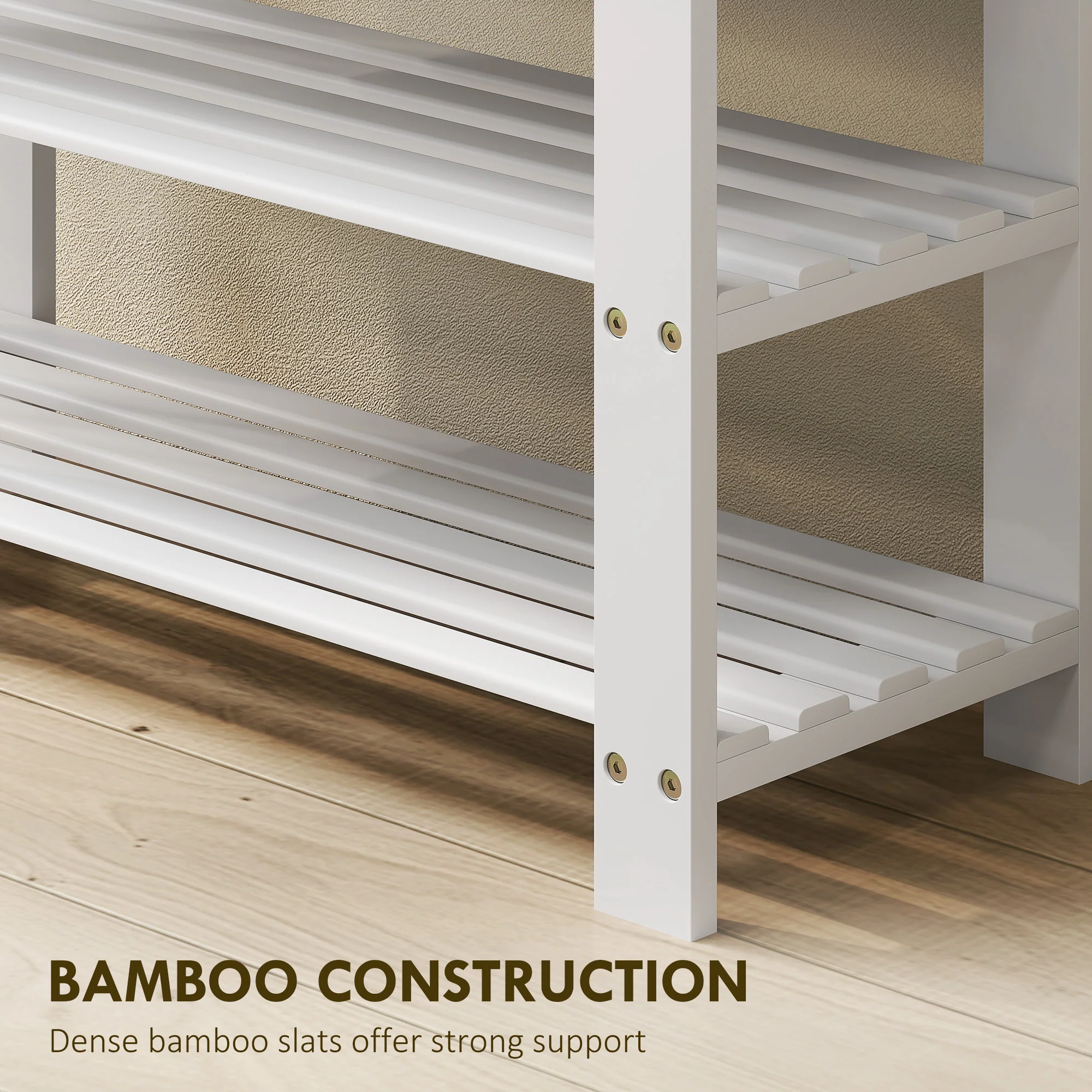 HOMCOM 3-Tier Bamboo Shoe Bench with 2 Shelves for Entryway, White - Image 7