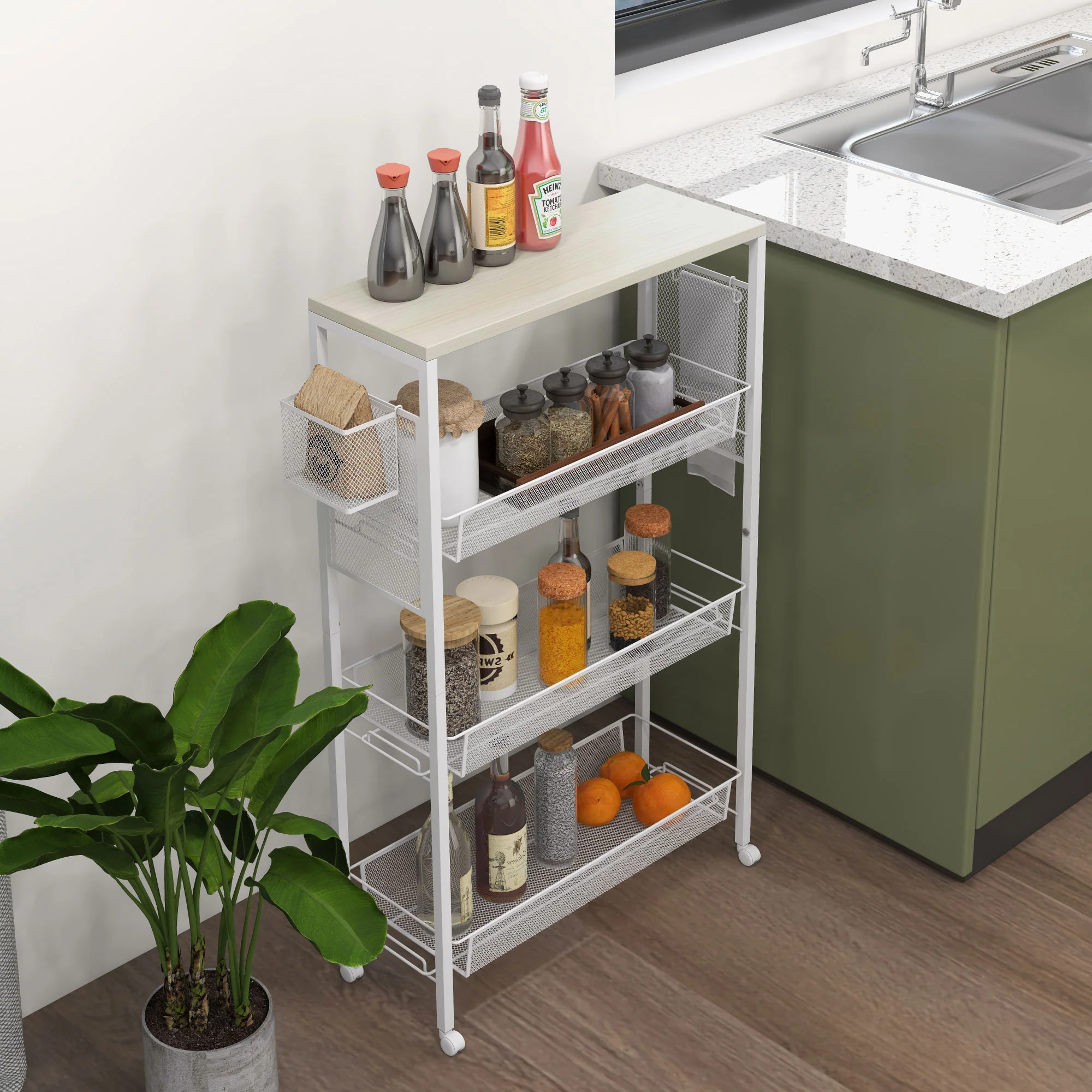 HOMCOM 3-Tier Kitchen Cart, Multifunction Kitchen Trolley on Wheels, White - Image 2