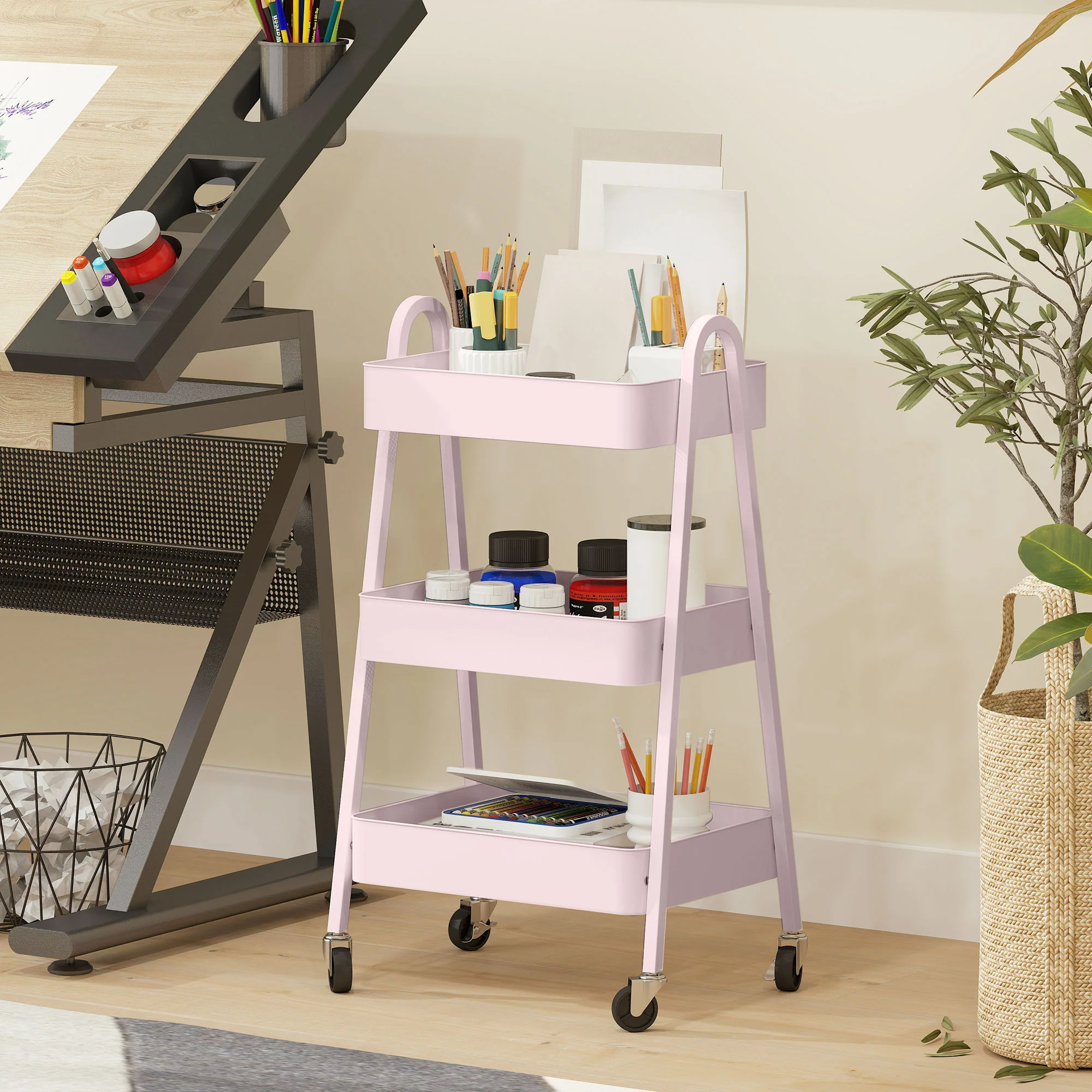 HOMCOM 3-Tier Rolling Utility Cart Kitchen Storage Trolley On Wheels - Image 17