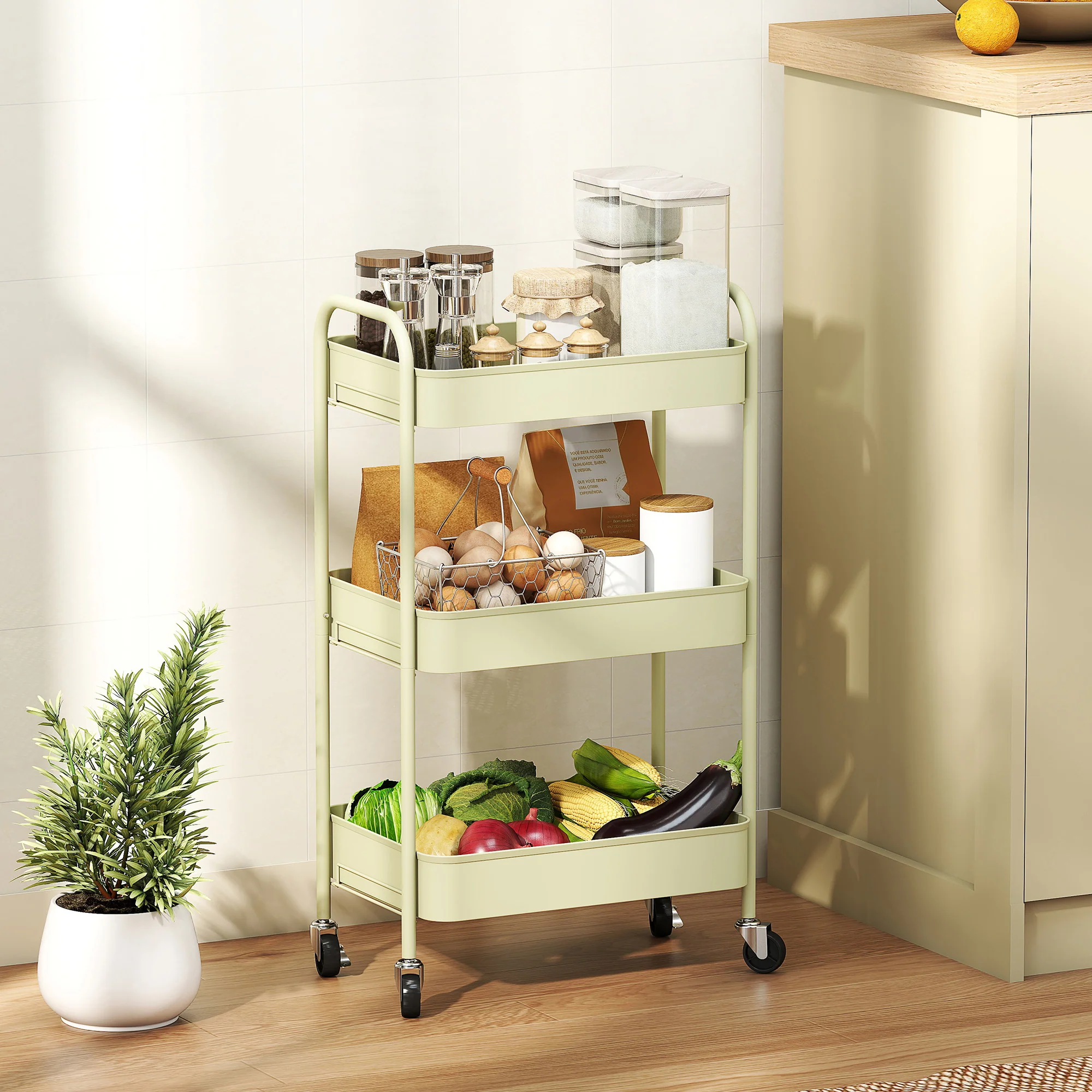 HOMCOM 3 Tier Rolling Utility Cart With 3 Mesh Basket - Image 11