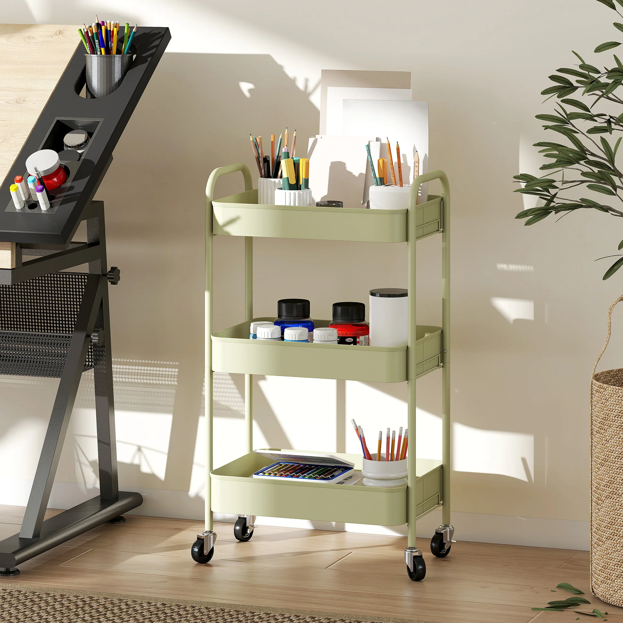 HOMCOM 3 Tier Rolling Utility Cart With 3 Mesh Basket - Image 16
