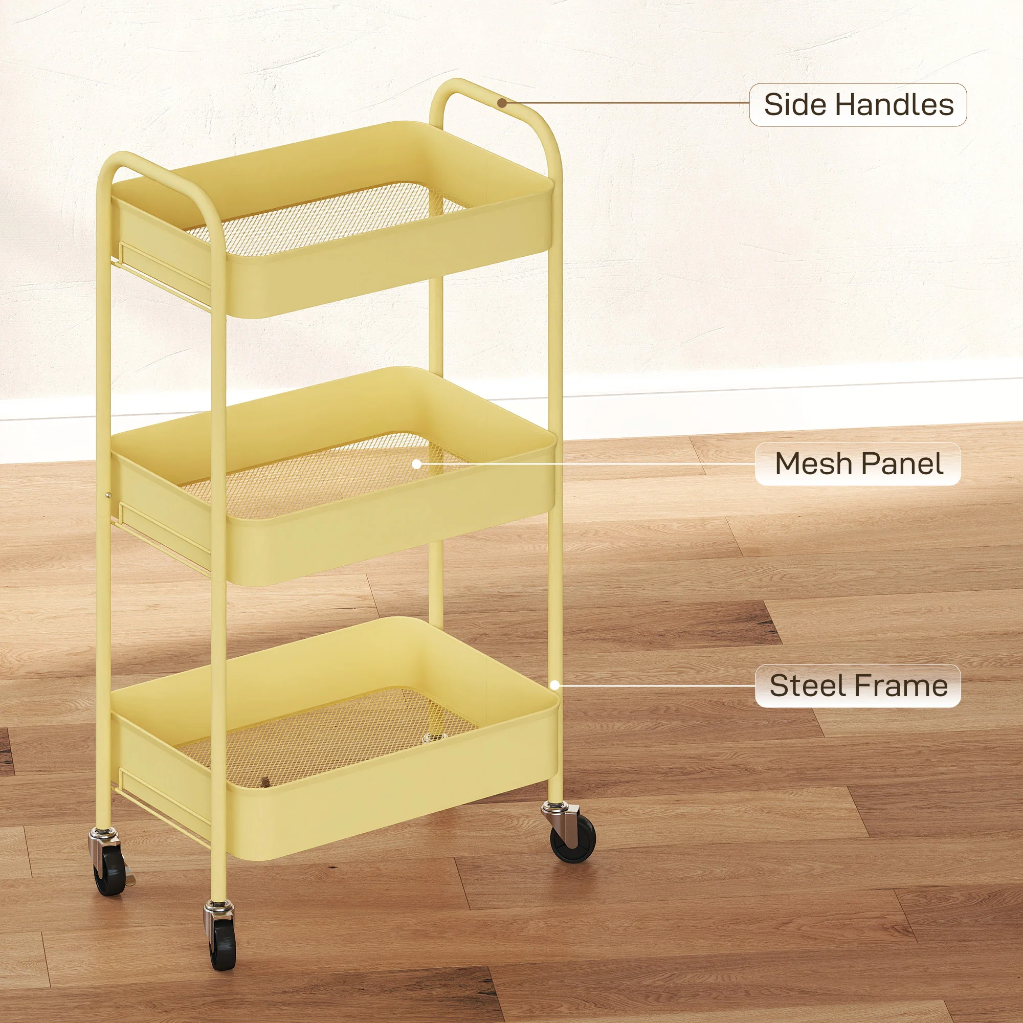 HOMCOM 3 Tier Rolling Utility Cart With 3 Mesh Basket - Image 24