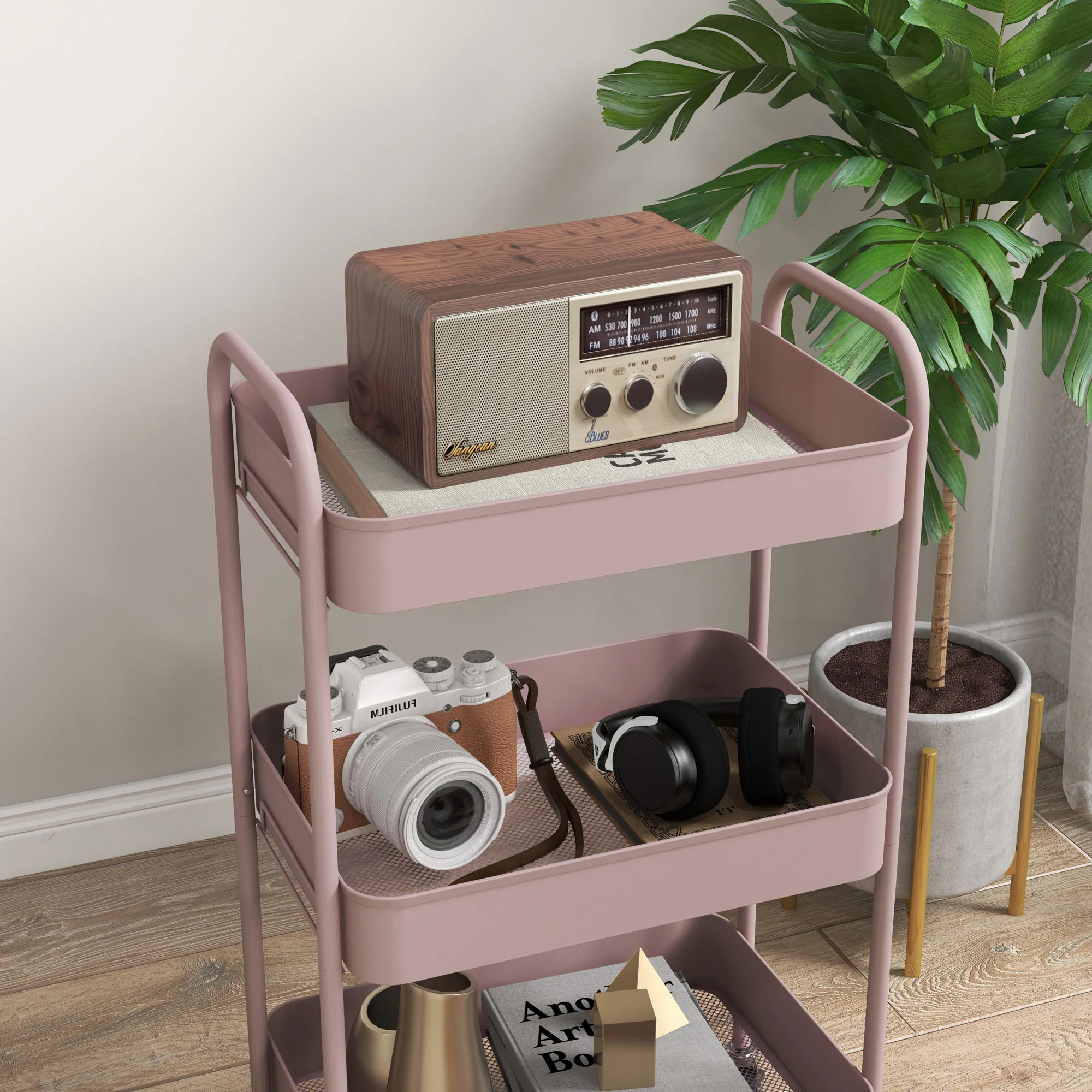 HOMCOM 3 Tier Rolling Utility Cart With 3 Mesh Basket, Pink - Image 8
