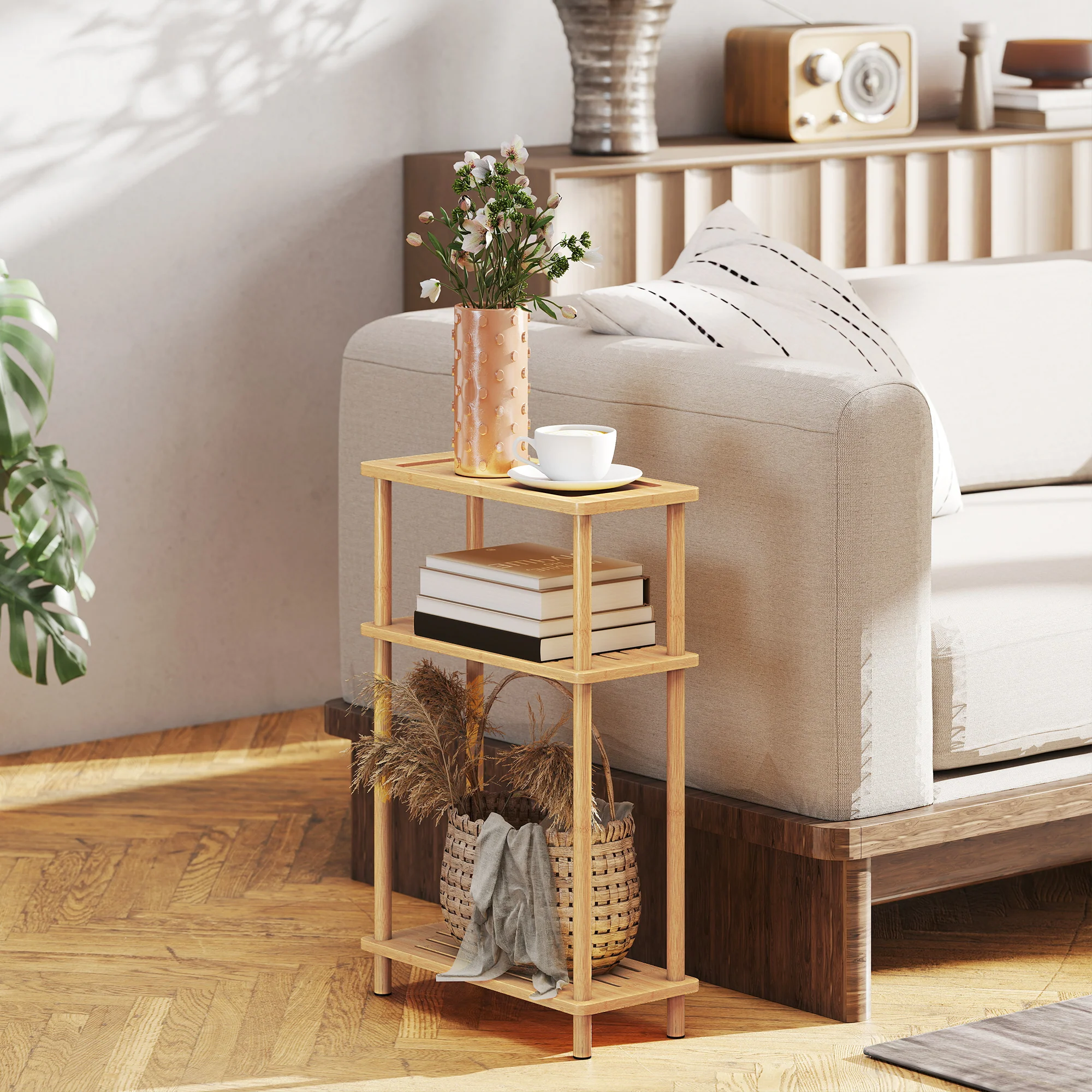 HOMCOM 3-Tier Slim End Table, Tool-Free Assembly, Natural Wood Finish - Image 2