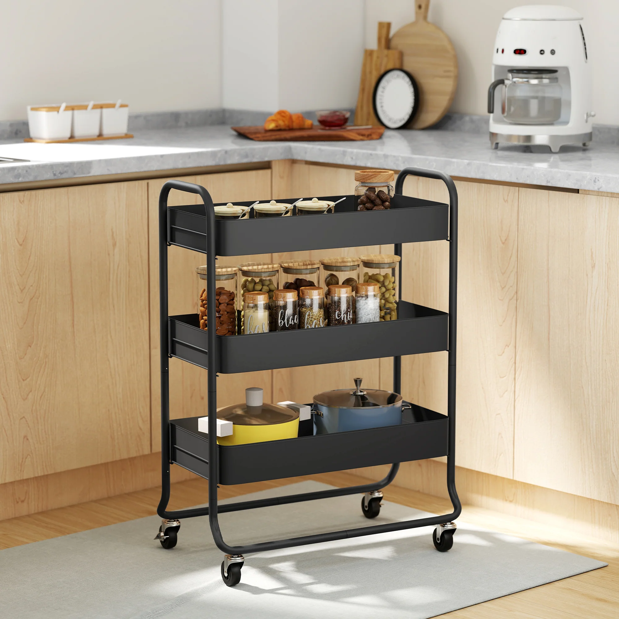 HOMCOM 3-Tier Storage Trolley, Storage Cart With Mesh Backets, Wheels - Image 2