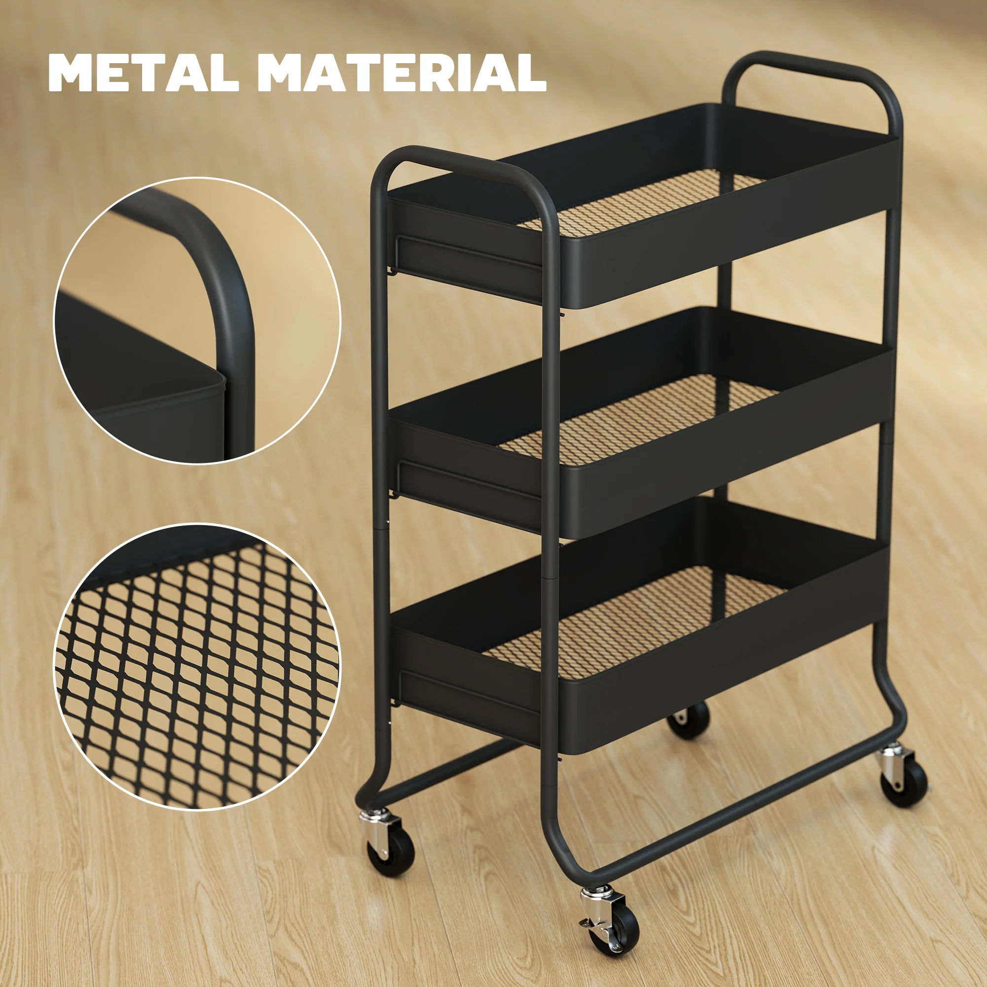 HOMCOM 3-Tier Storage Trolley, Storage Cart With Mesh Backets, Wheels - Image 6