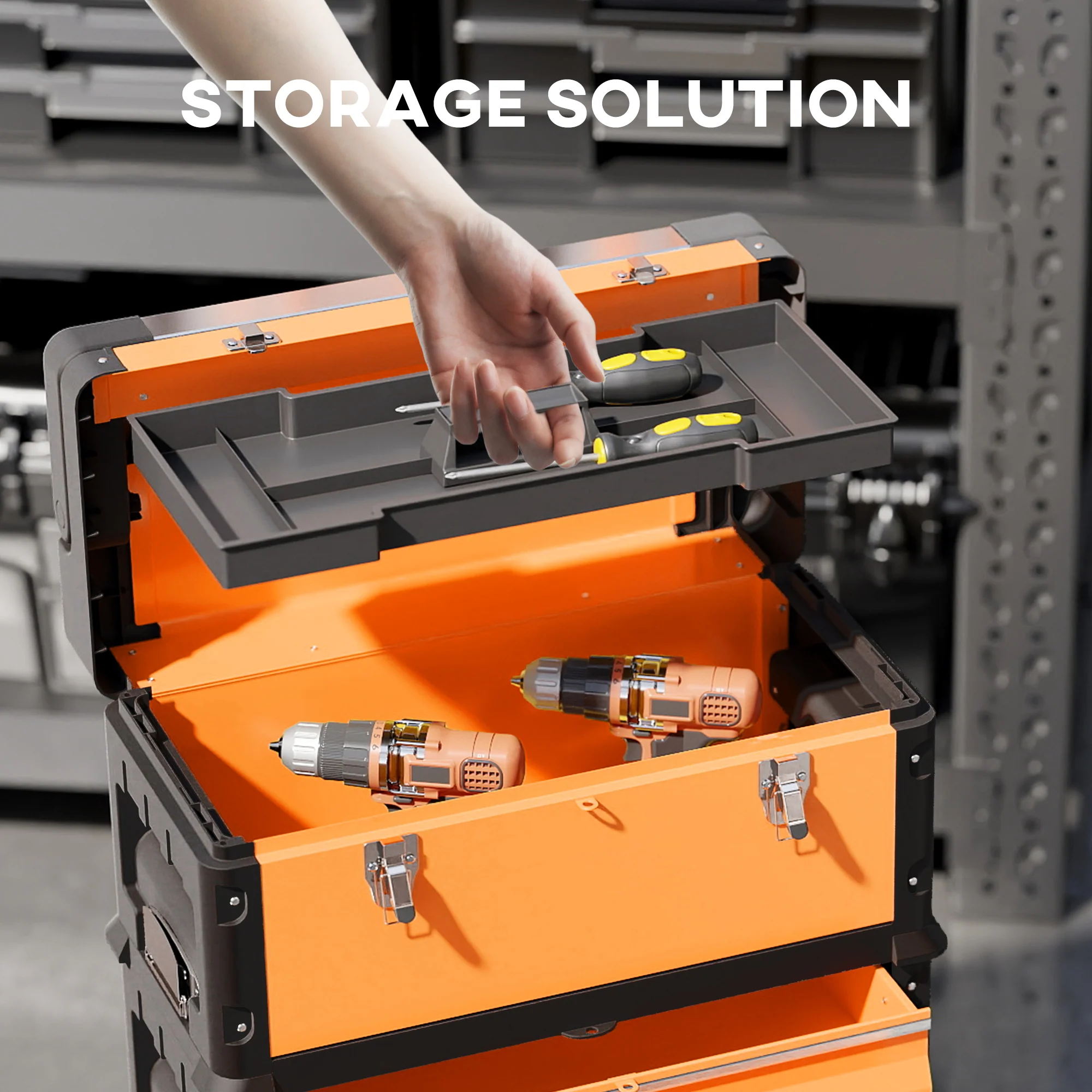 HOMCOM 3-Tier Tool Box With Wheels, Stackable Steel Toolbox - Image 4
