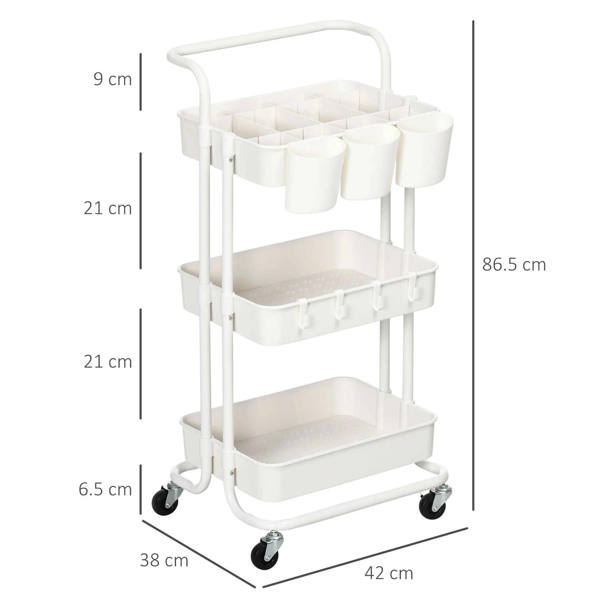 HOMCOM 3-Tier Utility Cart, Rolling Serving Trolley with Baskets and Hooks - Image 5