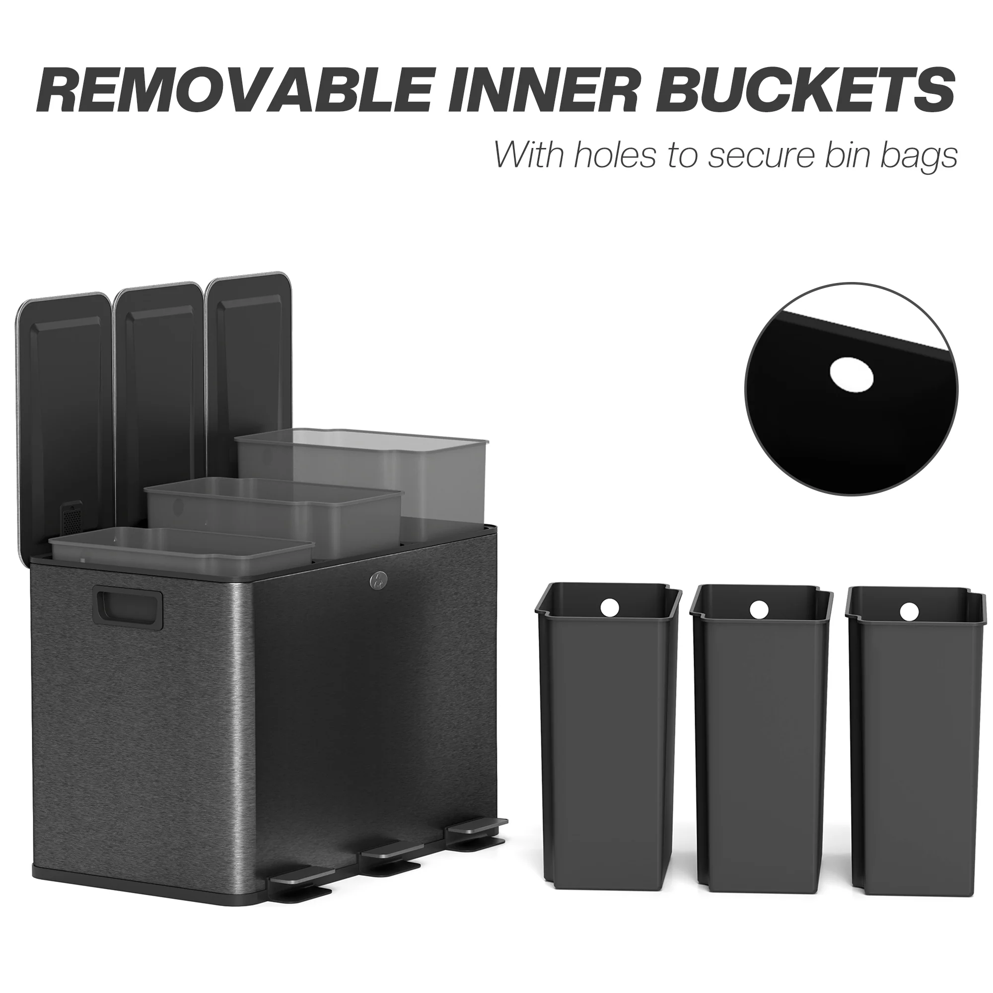HOMCOM 3 x 20L Triple Kitchen Bin Pedal Bin for Recycling and Waste, Black - Image 7