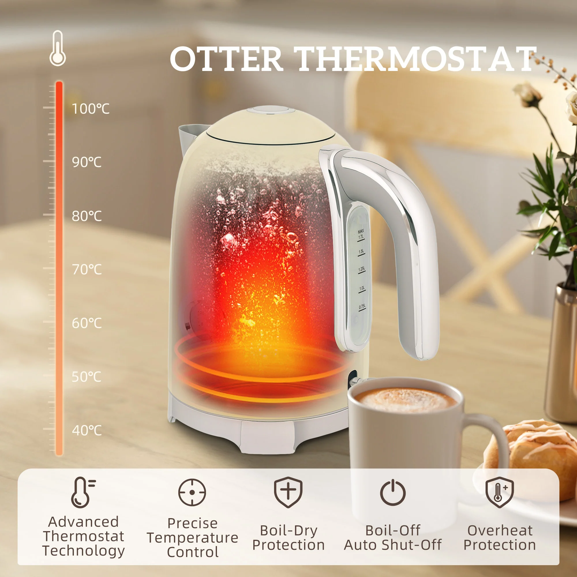 HOMCOM 3000W 1.7L Kettle With Retro Thermometer, 4 Slice Toaster Set, Cream - Image 4