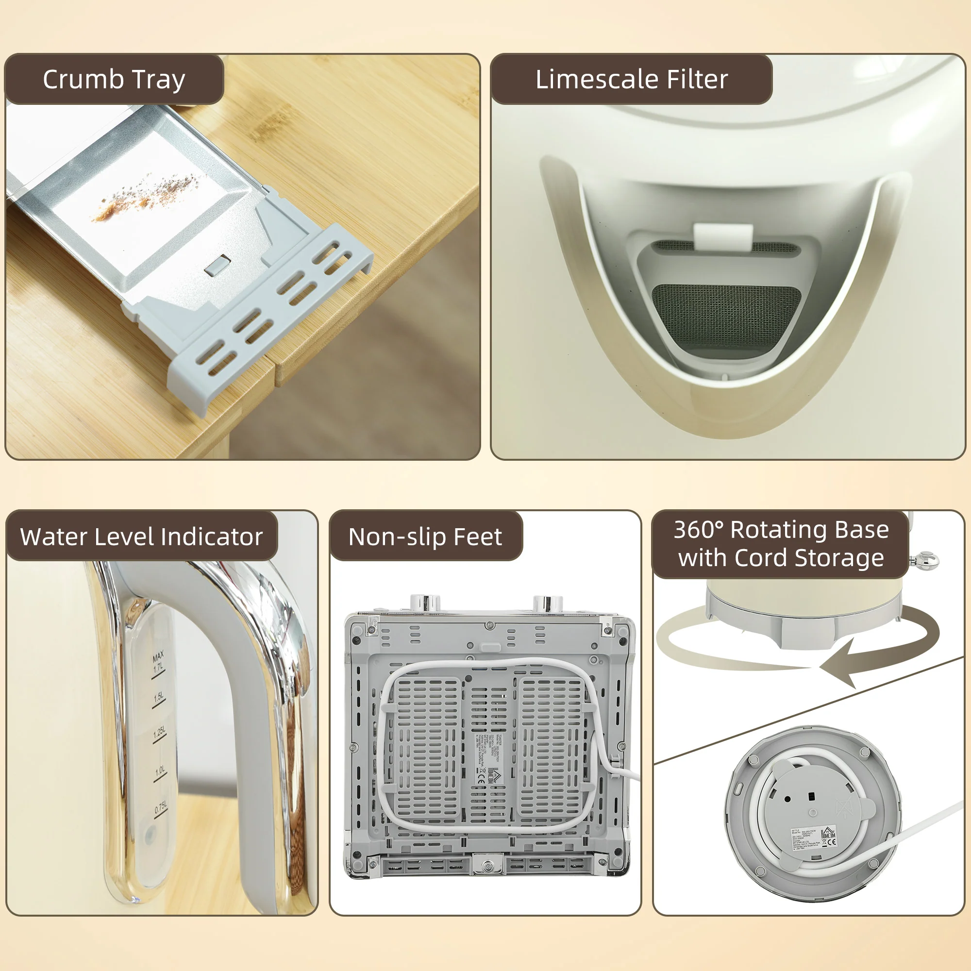 HOMCOM 3000W 1.7L Kettle With Retro Thermometer, 4 Slice Toaster Set, Cream - Image 9