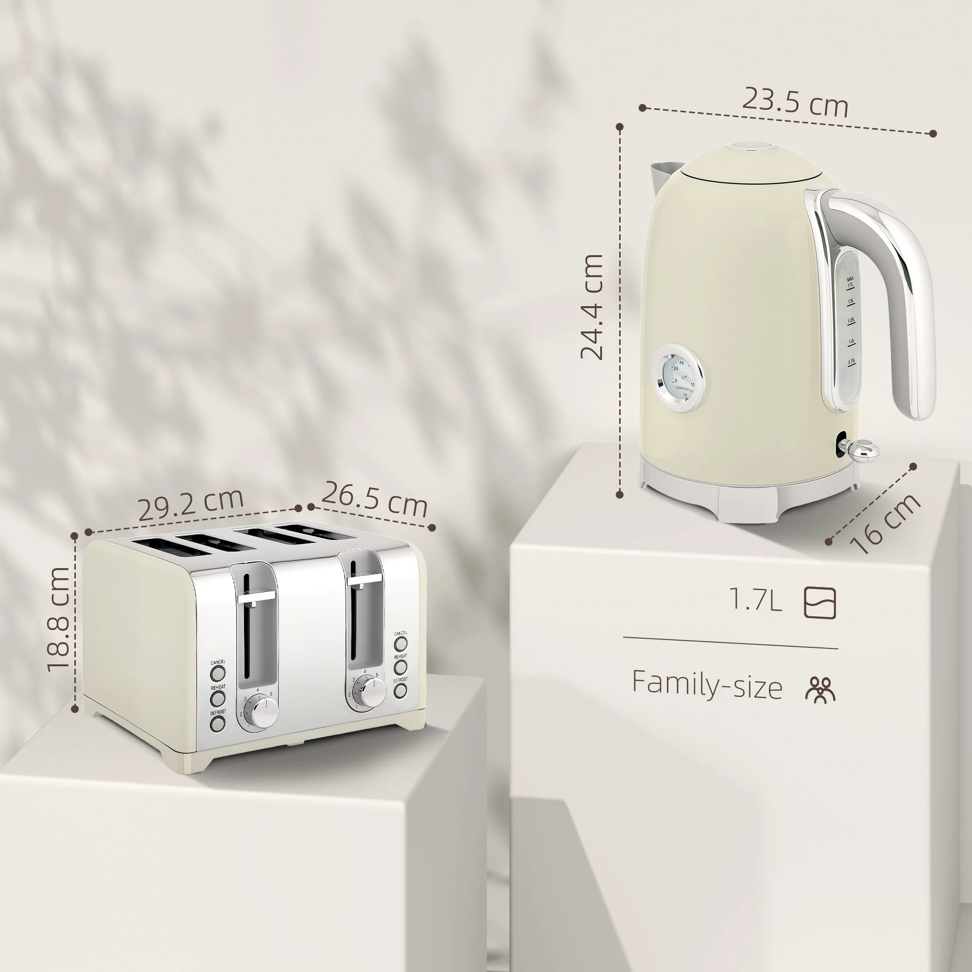 HOMCOM 3000W 1.7L Kettle With Retro Thermometer, 4 Slice Toaster Set, Grey - Image 5
