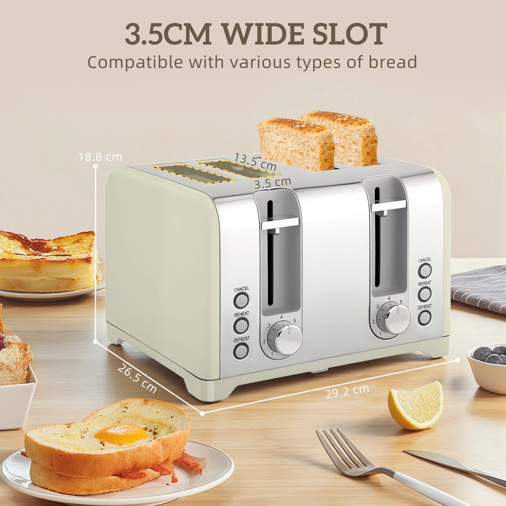 HOMCOM 3000W 1.7L Kettle With Retro Thermometer, 4 Slice Toaster Set, Grey - Image 8