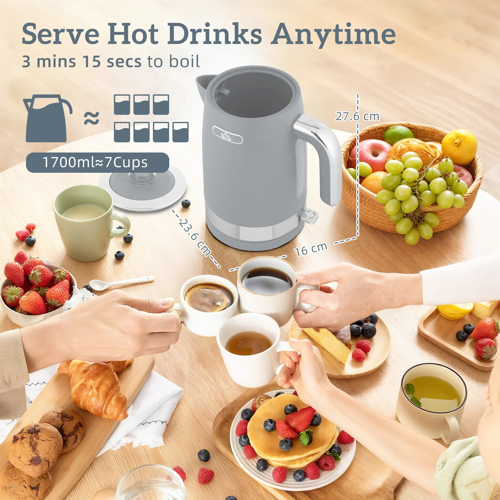HOMCOM 3000W Rapid Boil Kettle And Toaster Set With Otter Thermostat, Grey - Image 3