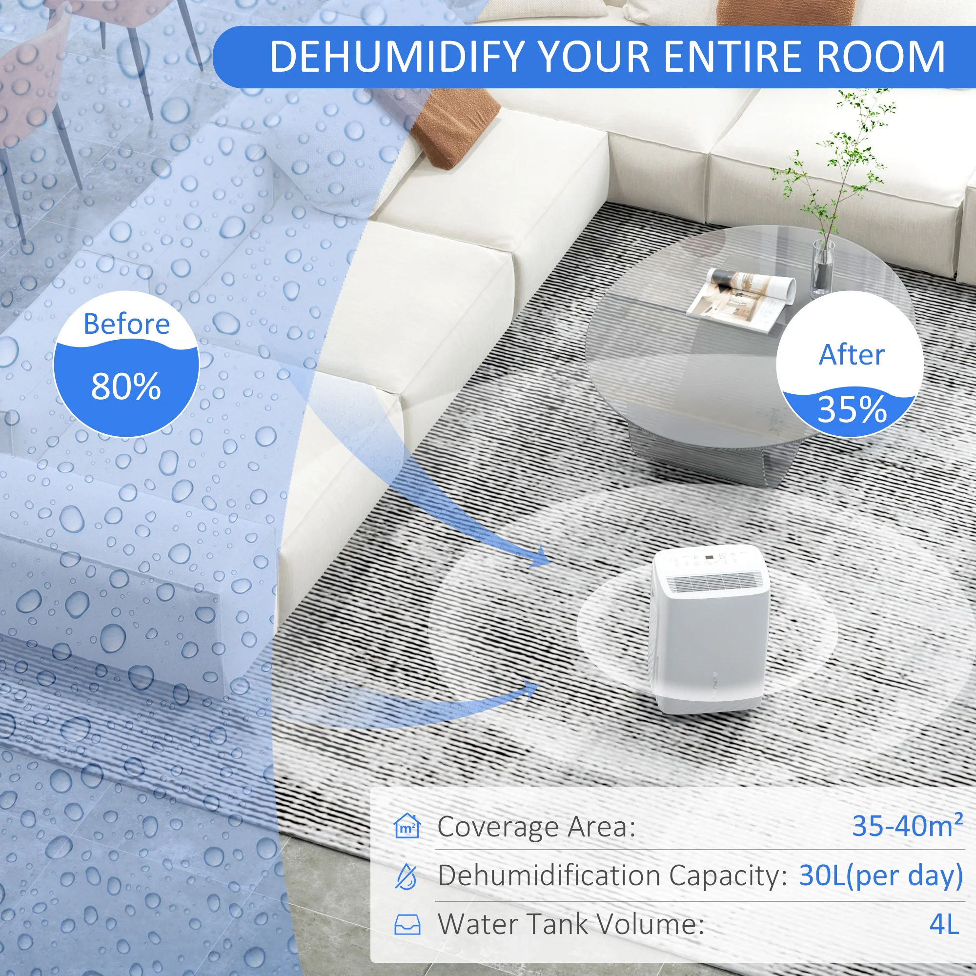 HOMCOM 30L/Day Dehumidifier For Home, With Auto-Clean Filter, 24H Timer - Image 3