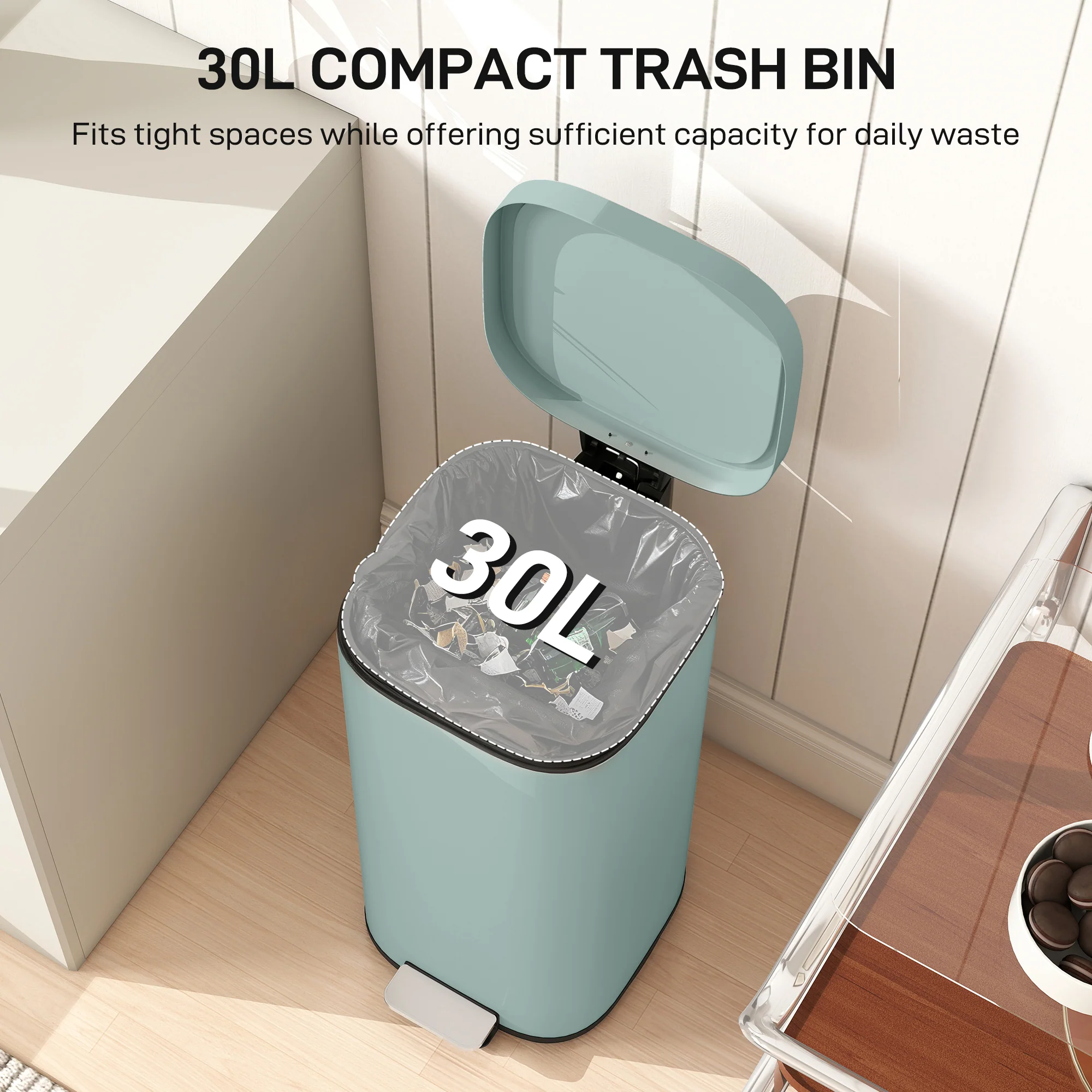 HOMCOM 30L Kitchen Bin, Pedal Bin with Lid, Removable Inner Bucket, Green - Image 3