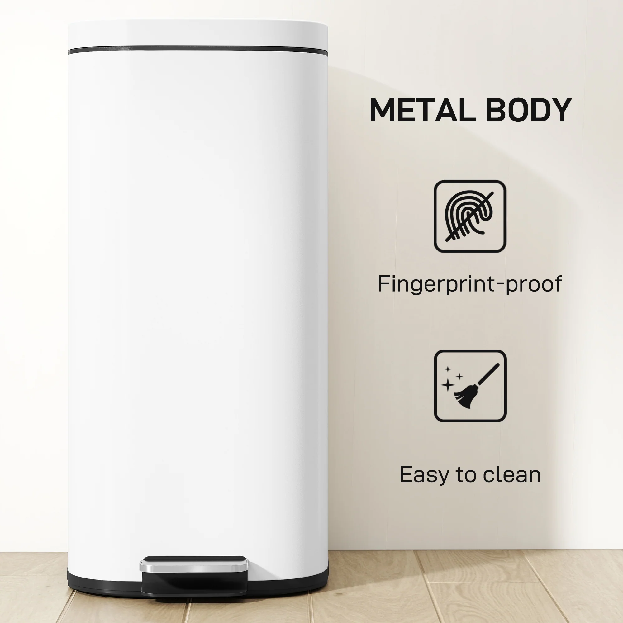 HOMCOM 30L Kitchen Bin, Pedal Bin with Lid, Removable Inner Bucket, White - Image 7