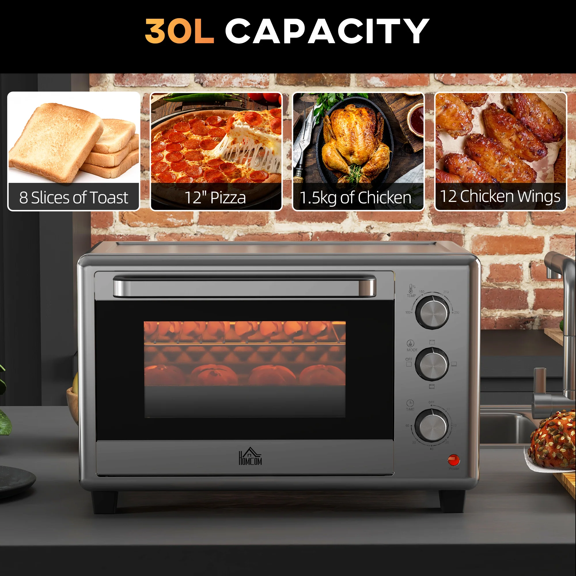 HOMCOM 30L Mini Oven With Adjustable Temperature, 60 Min Time 1600W, Silver - Image 3