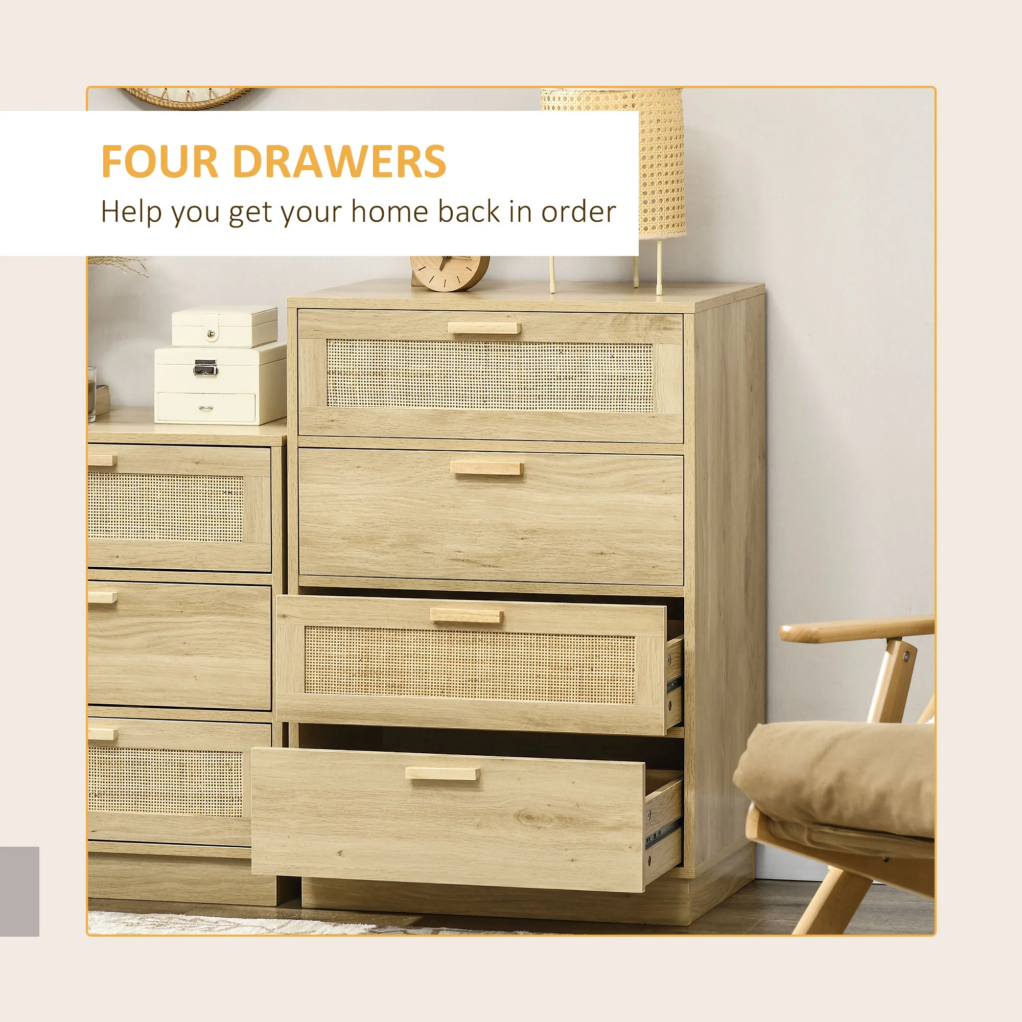 HOMCOM 4 Drawer Dresser, Boho Chest of Drawers Storage Cabinet, Natural - Image 3