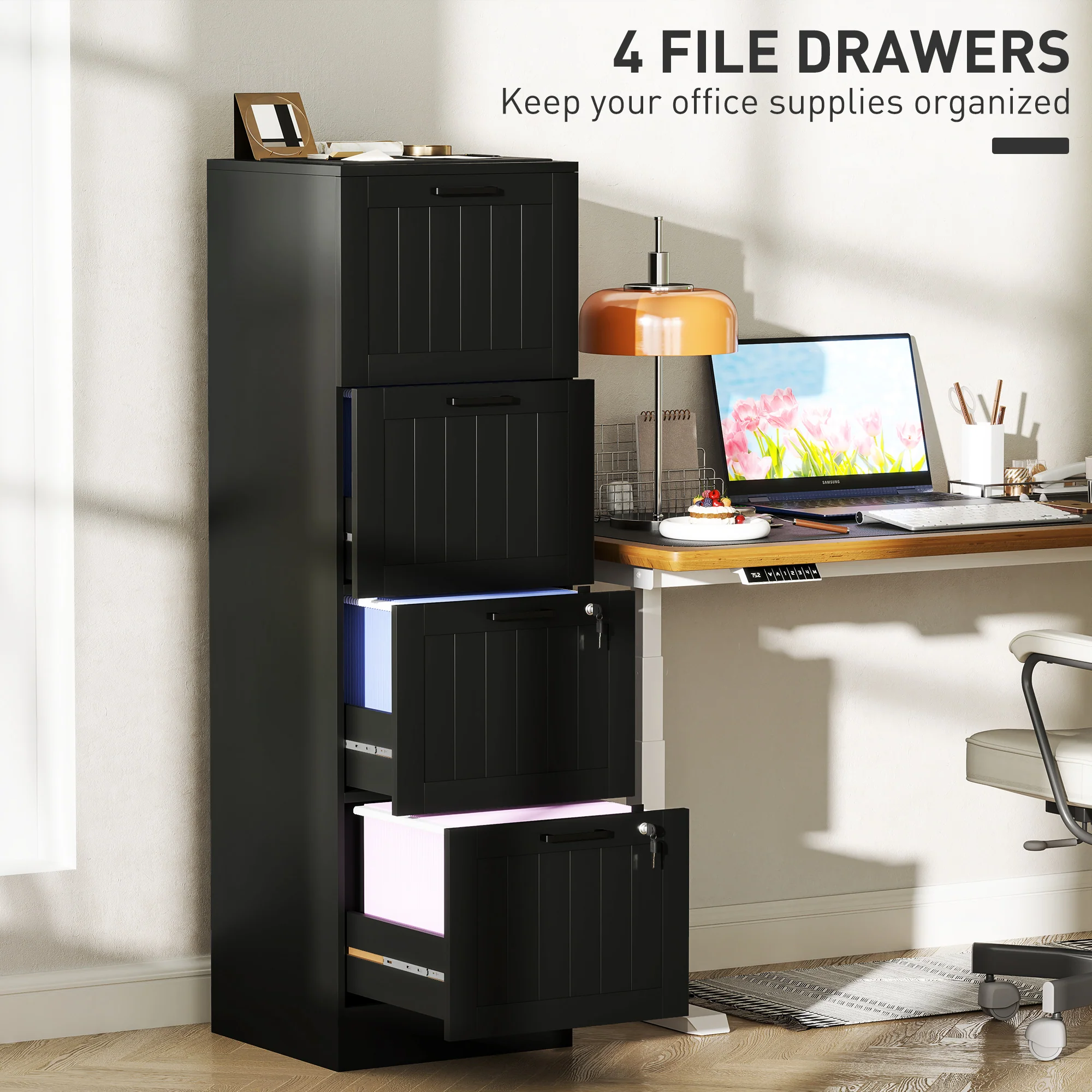 HOMCOM 4 Drawer File Cabinet with Lock and Adjustable Hanging Bars, Black - Image 3