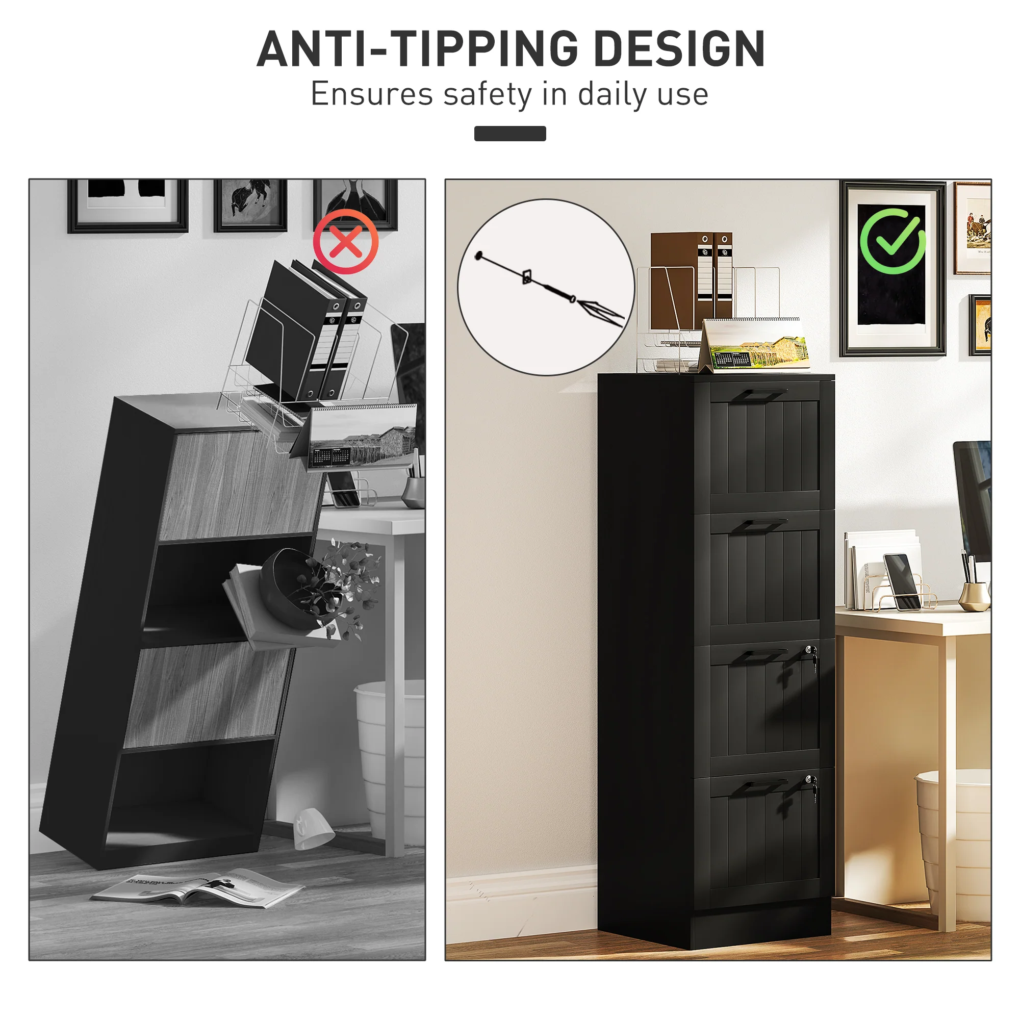 HOMCOM 4 Drawer File Cabinet with Lock and Adjustable Hanging Bars, Black - Image 7