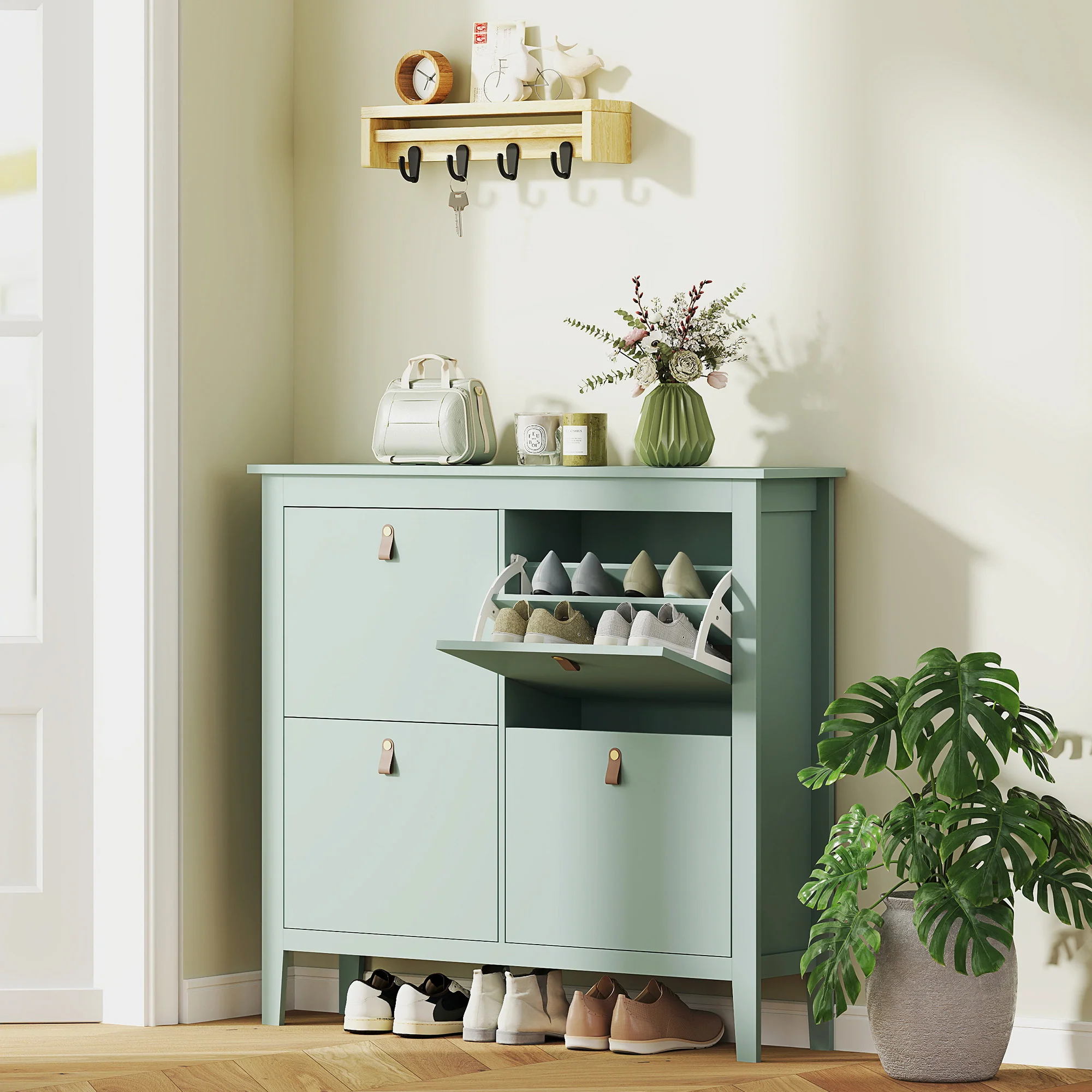 HOMCOM 4 Drawer Shoe Cabinet with Flip Doors for Hallway, Entryway, Green - Image 2