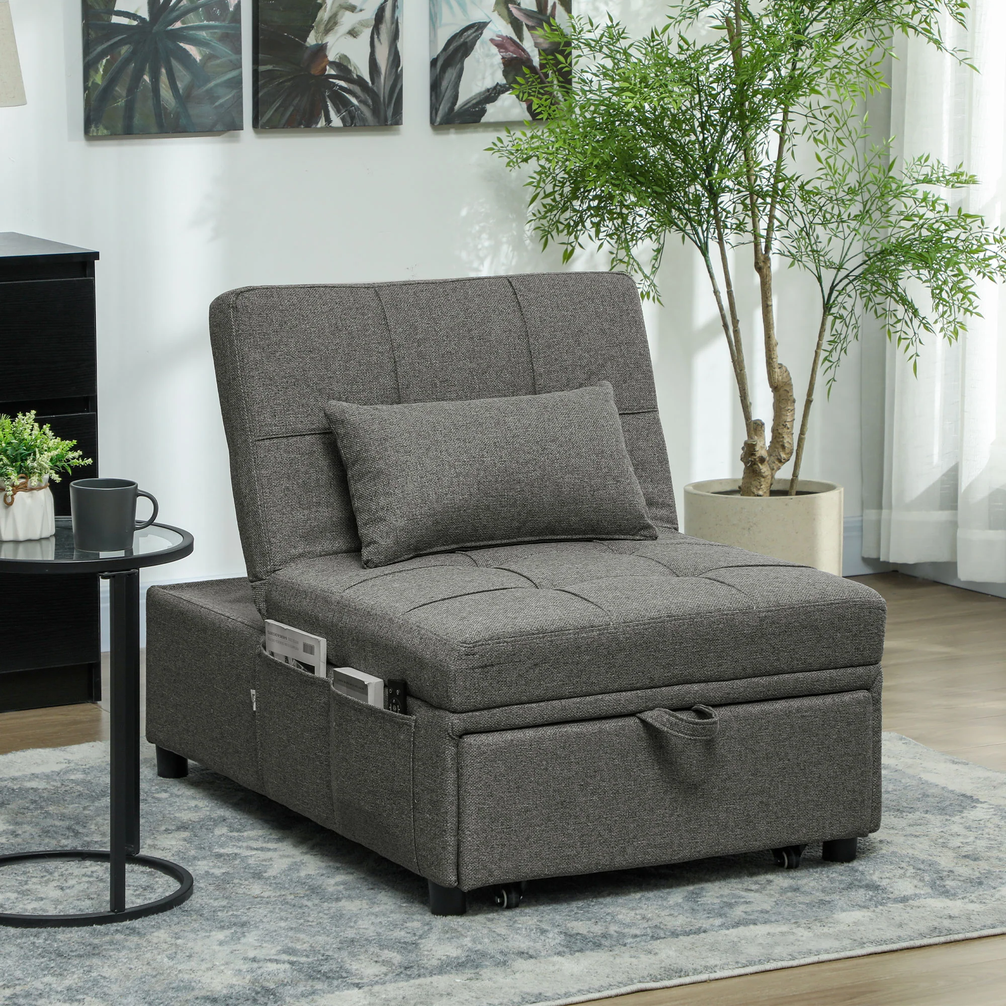 HOMCOM 4-in-1 Pull Out Sleeper Chair Bed with Pockets - Image 2